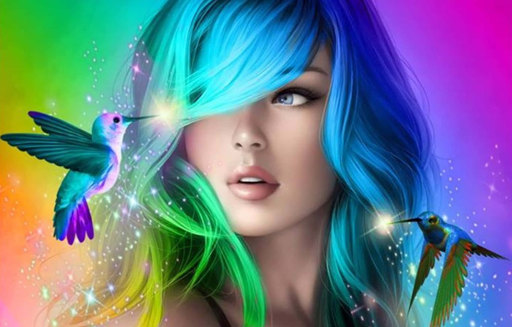 HD Women, hummingbird, rainbow hair, HD Desktop Wallpaper