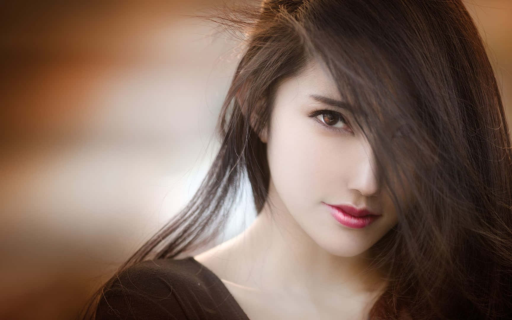 long hair, pink lipstick, close-up portrait, HD Desktop Wallpaper