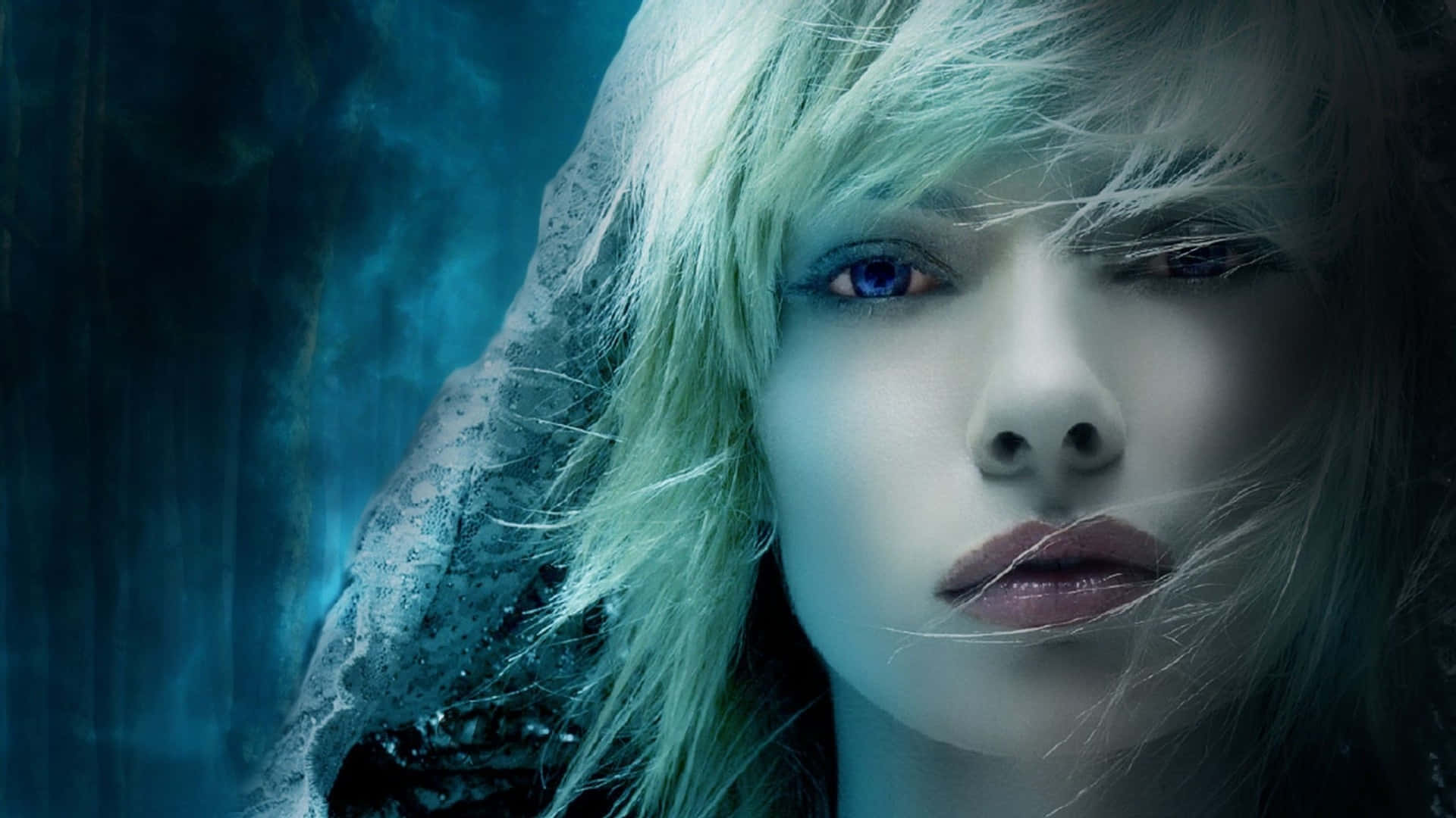pale skin, glowing blue eyes, windswept silver hair, Full HD Desktop Wallpaper