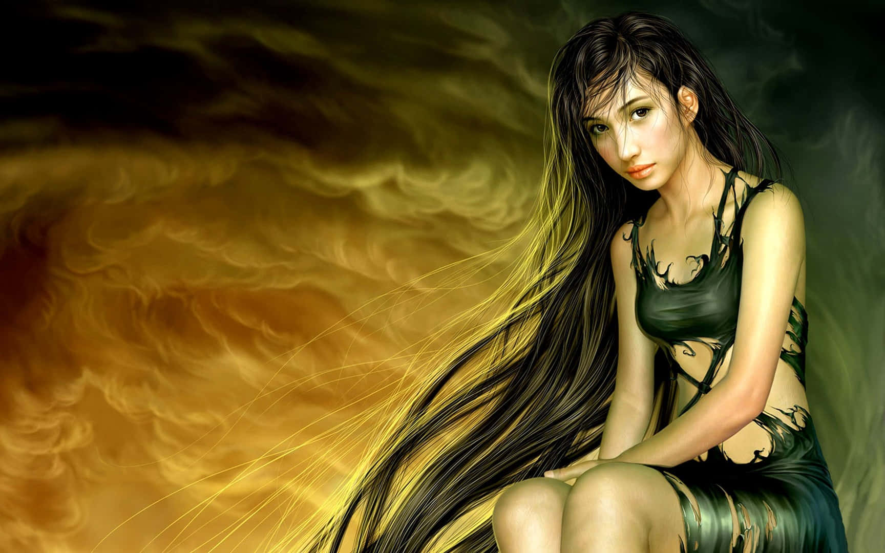 HD Women, long flowing hair, swirling golden and dark background, HD Desktop Wallpaper