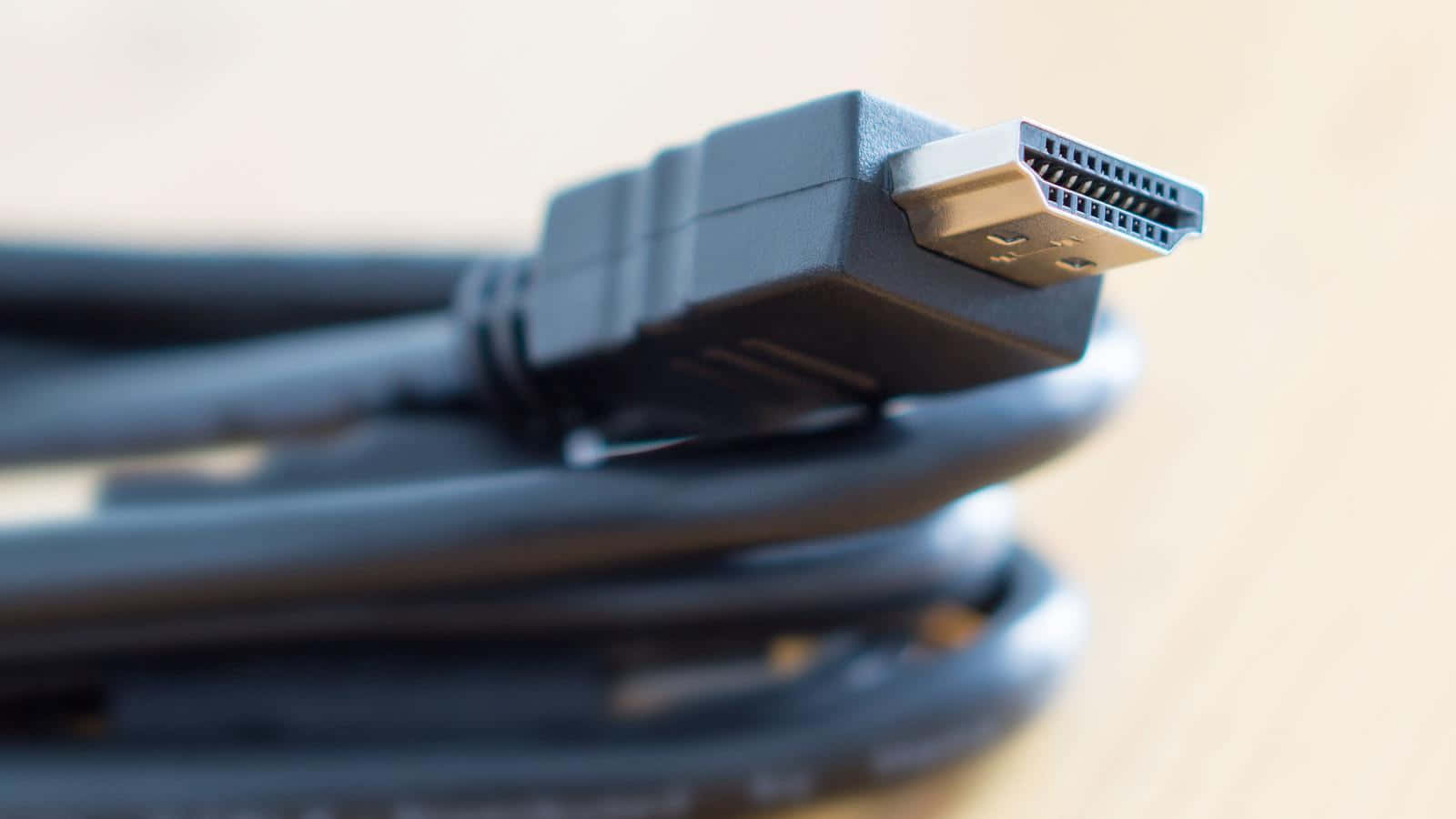HDMI, black HDMI cable connector, wooden surface, HD Desktop Wallpaper
