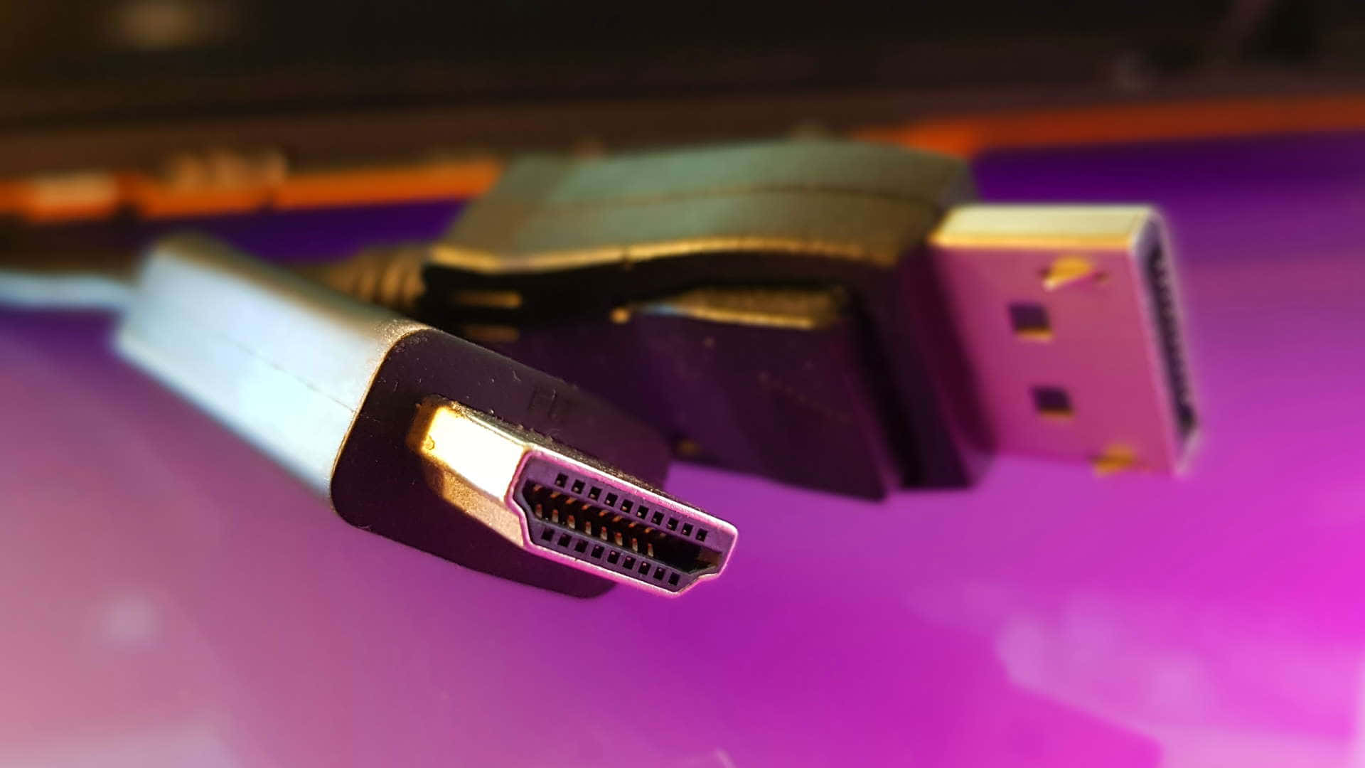 HDMI cable connector, USB port, vibrant purple surface, Full HD Desktop Wallpaper