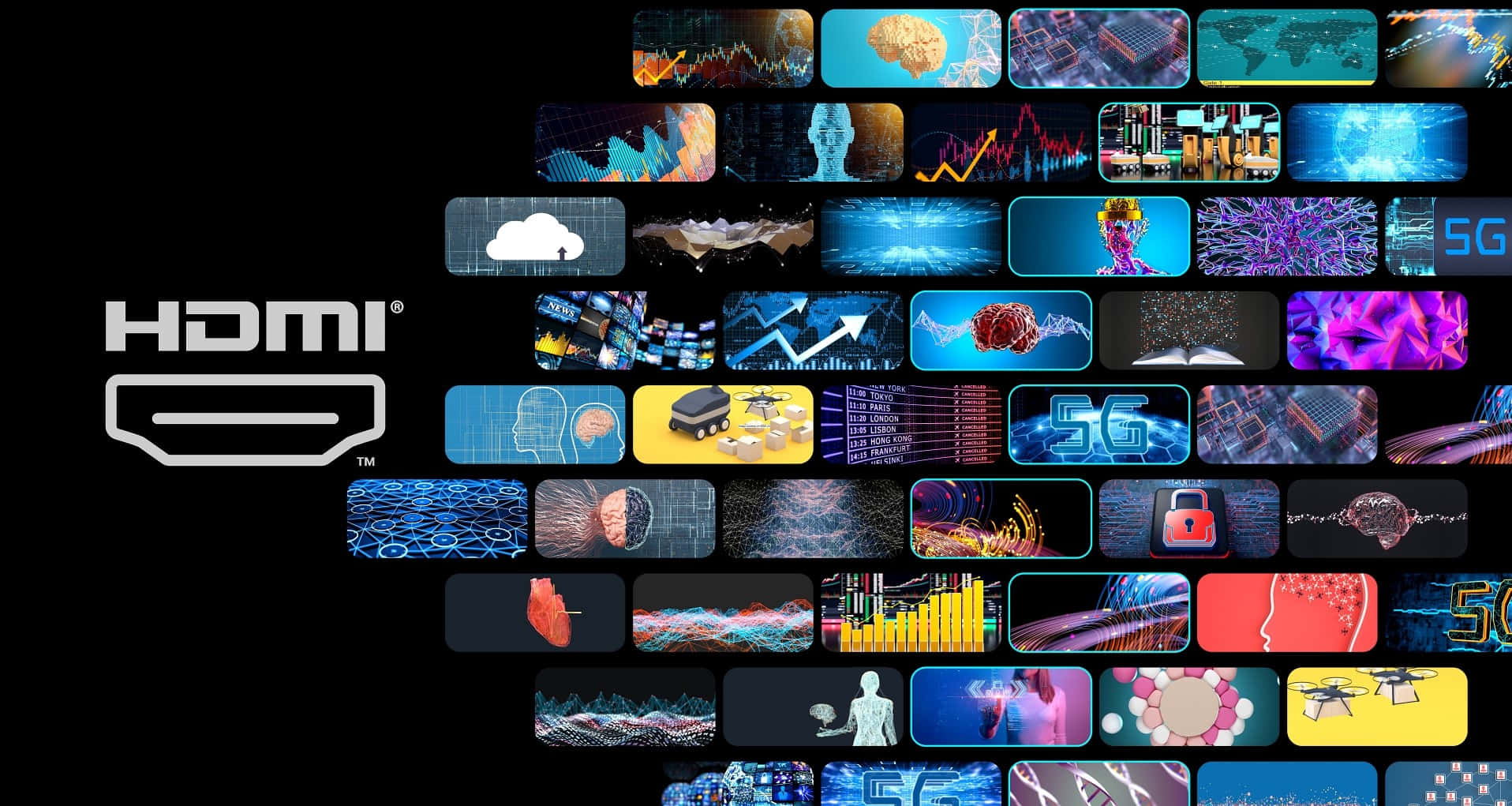 HDMI, HDTV, glowing tech icons, HD Desktop Wallpaper