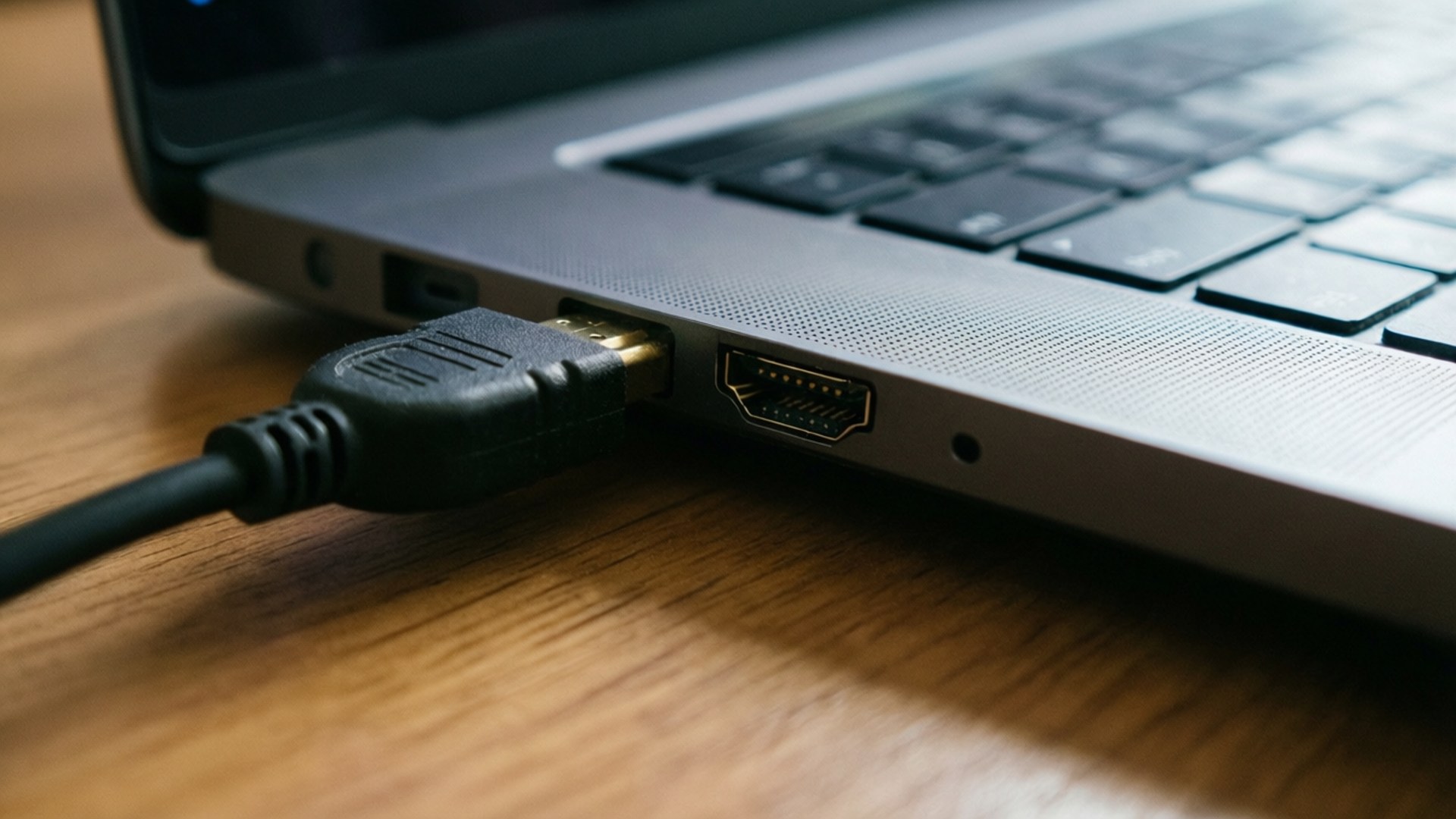 HDMI cable, silver laptop, HDMI port, Full HD Desktop Wallpaper