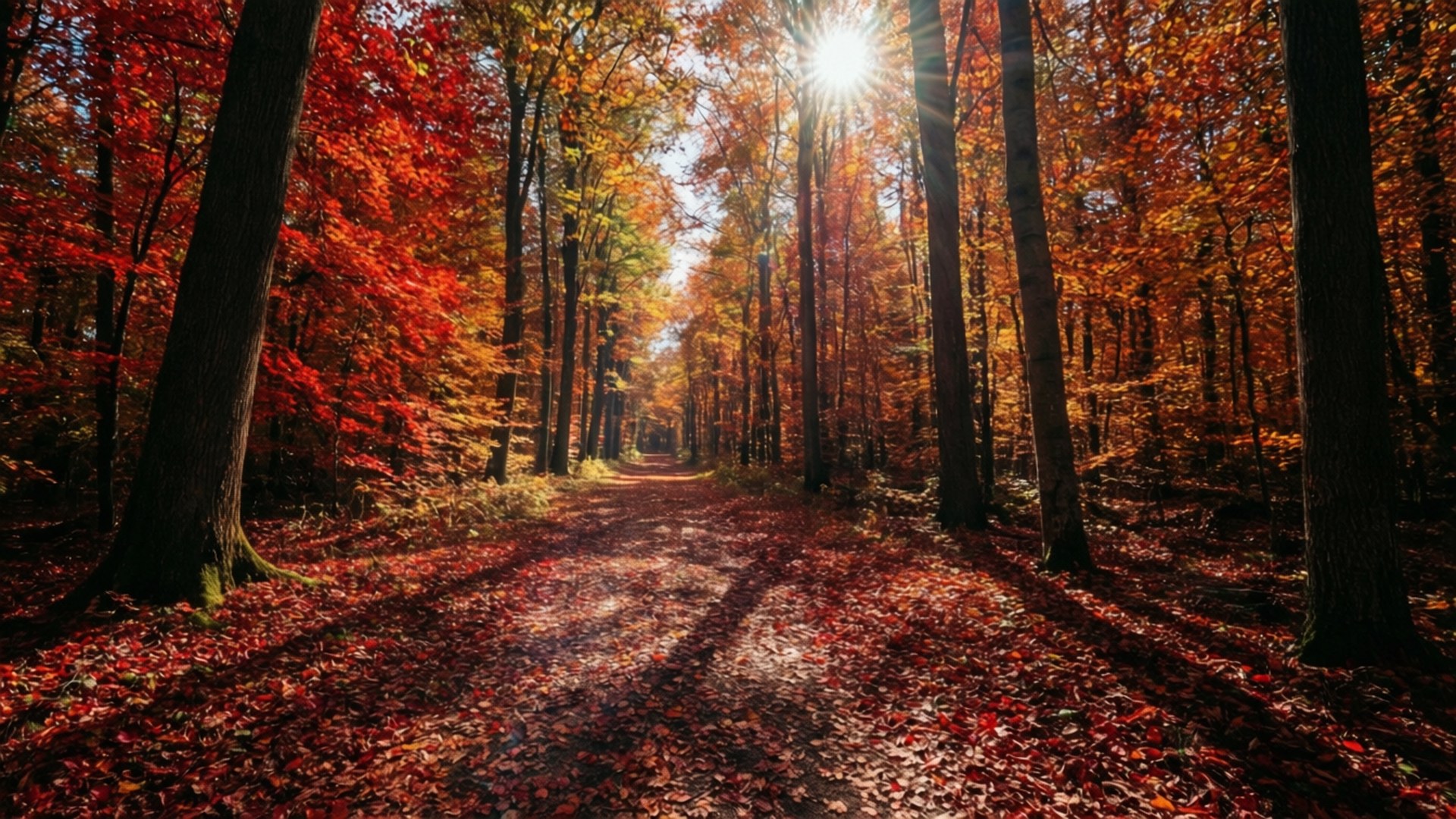 HDR, autumn path, fiery red and orange autumn leaves, Full HD Desktop Wallpaper