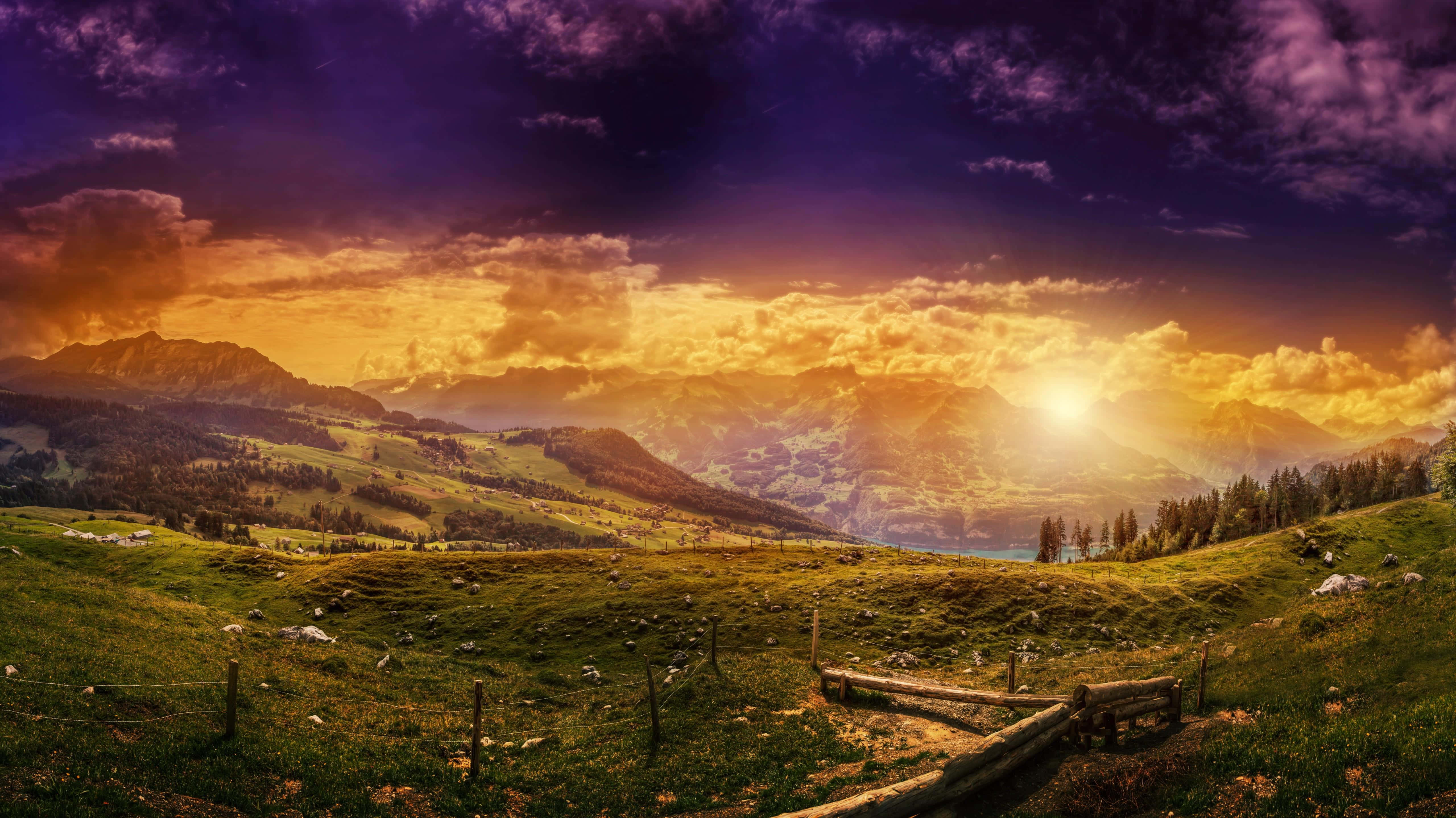 sunset, mountain valley, golden light, 5K Desktop Wallpaper