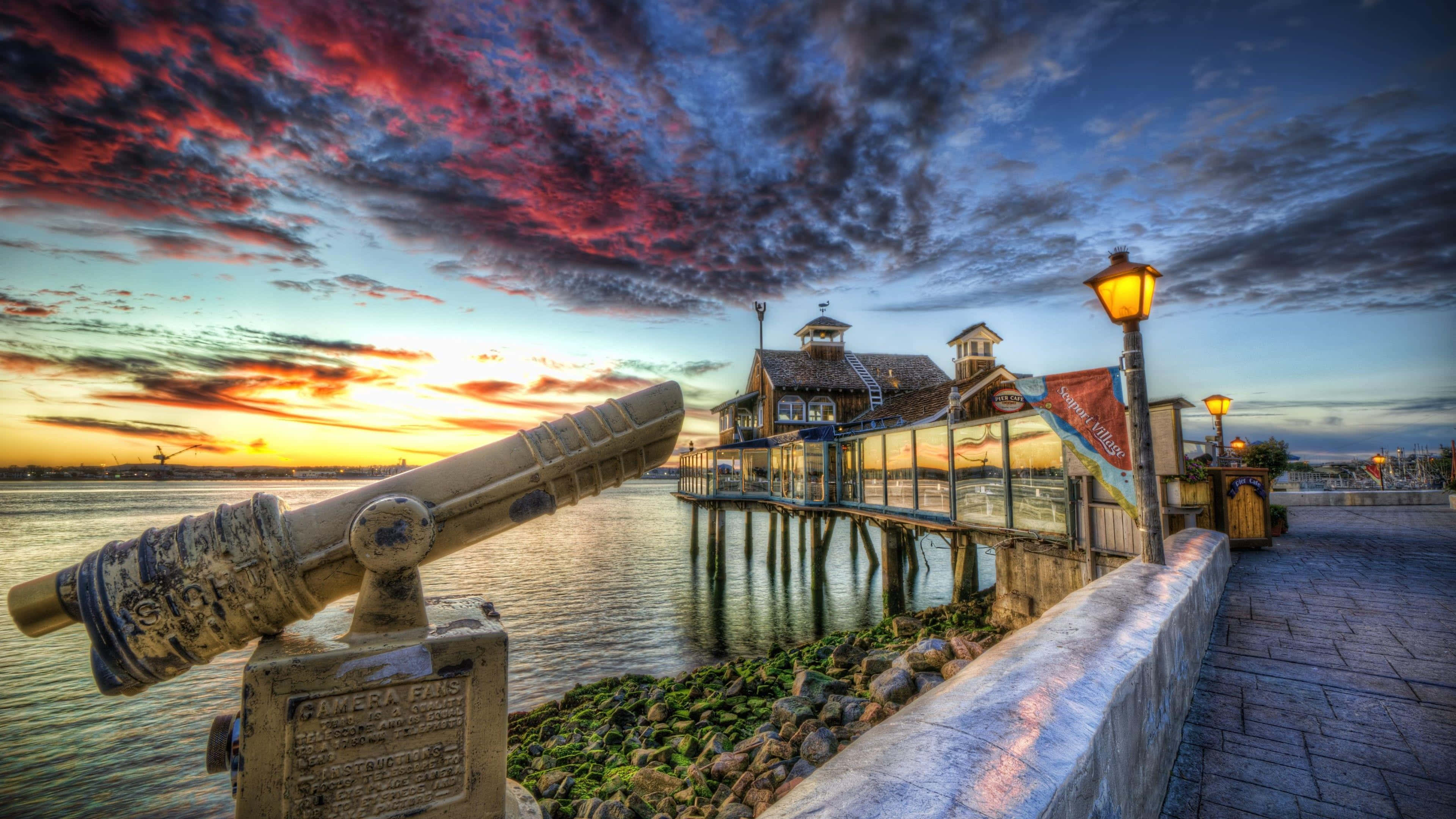 sunset, waterfront pier, historic building, 4K Desktop Wallpaper
