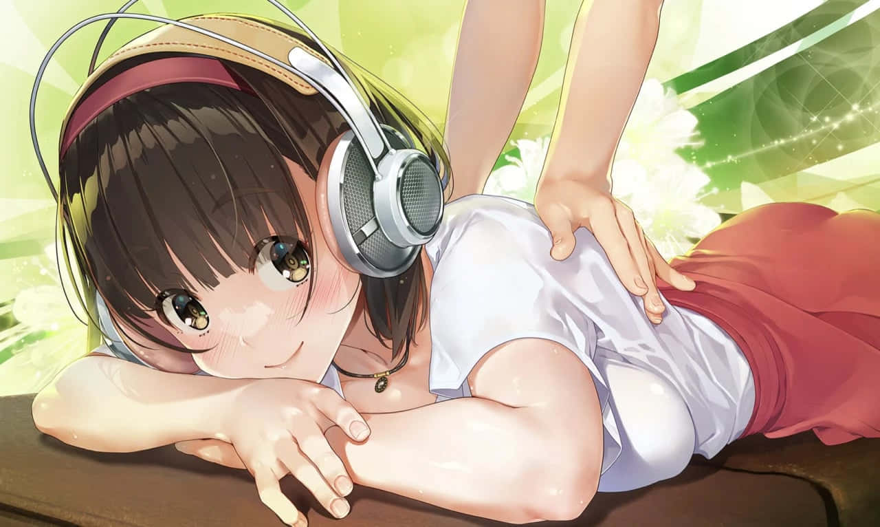 anime girl, headphones, bright green floral background, HD Desktop Wallpaper