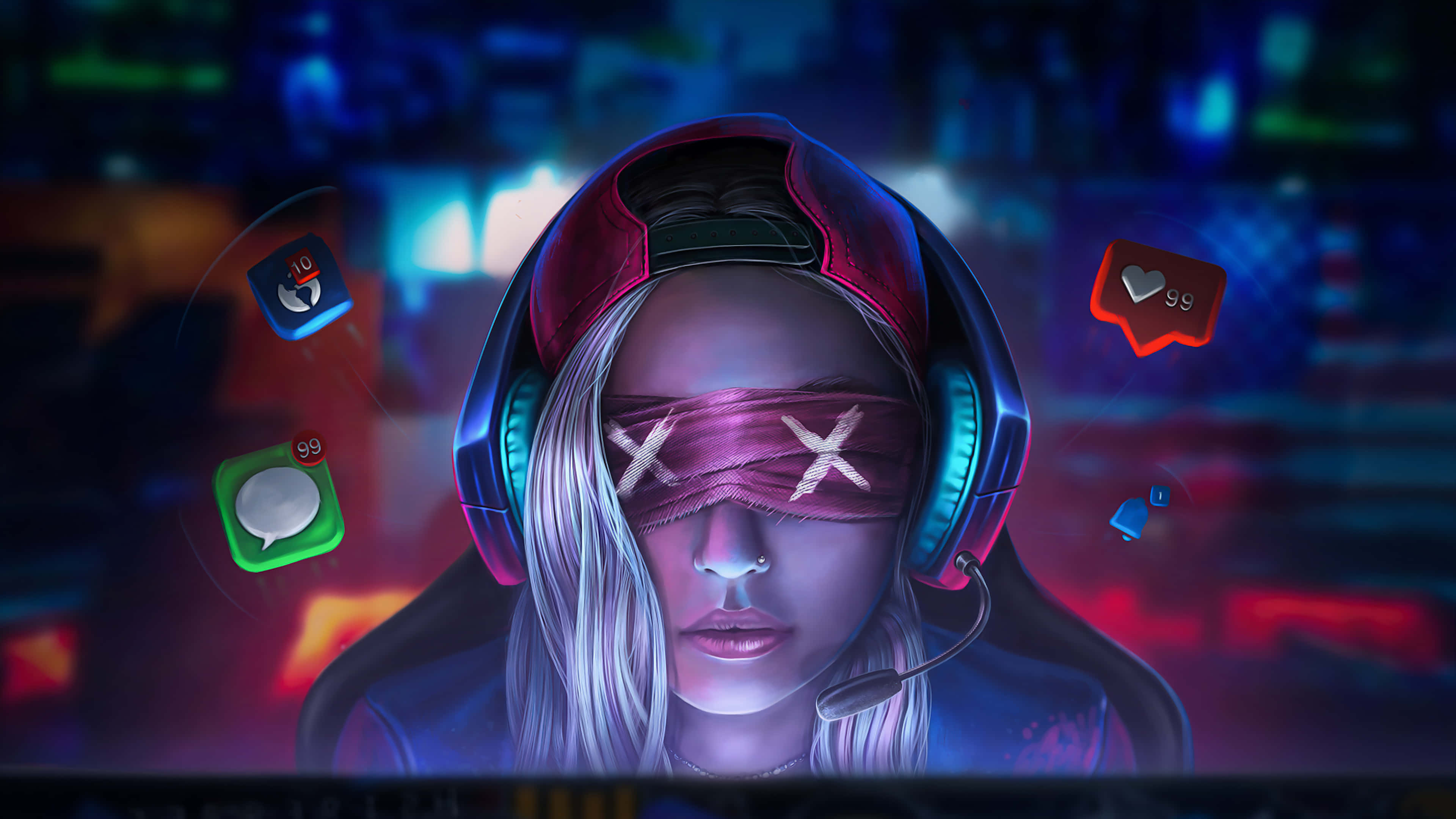 Blind Anime Girl, headphones, neon-lit digital stream environment, 4K Desktop Wallpaper