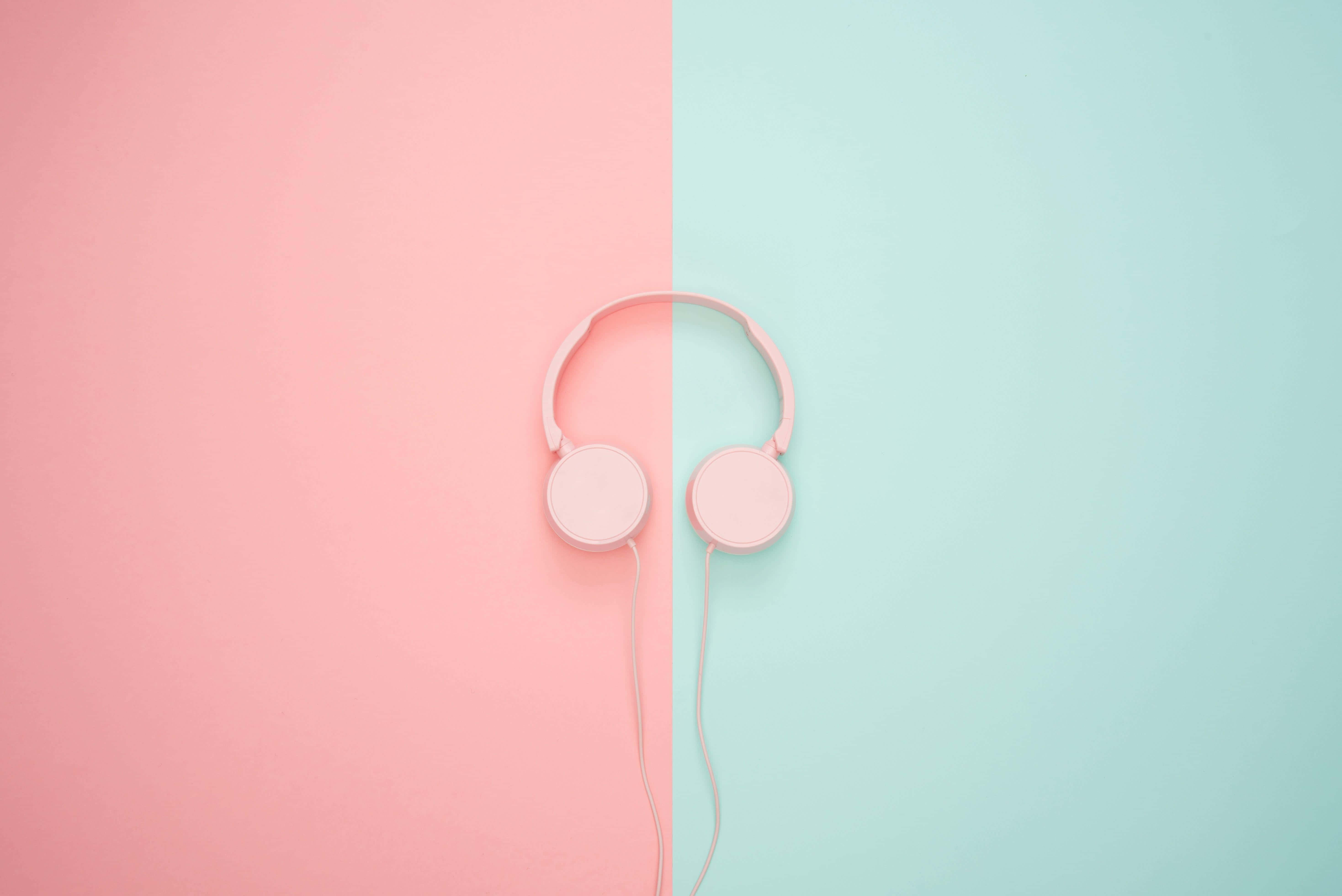 pink headphones, dual tone background, pastel pink, 5K Desktop Wallpaper