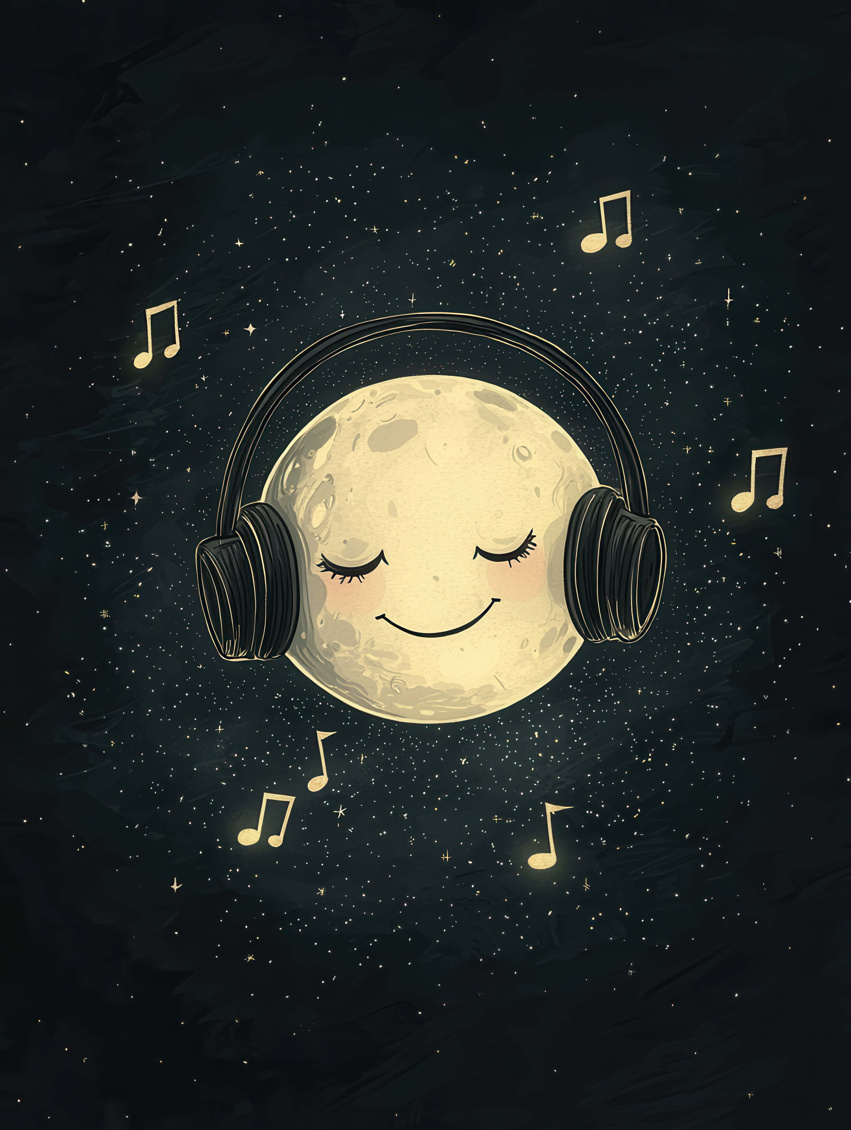 full moon, black headphones, glowing golden musical notes, 2K Phone Wallpaper