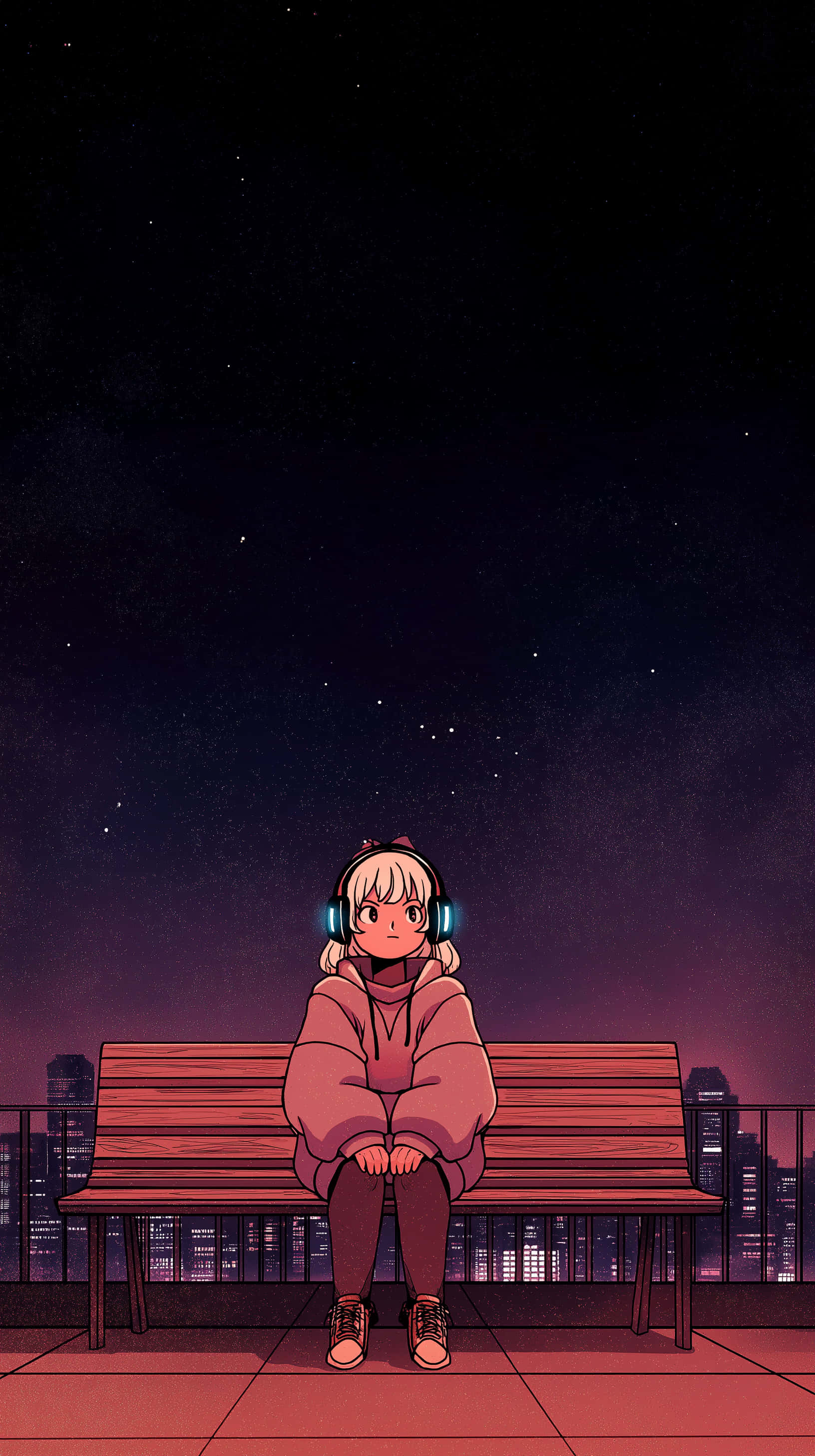 anime girl, headphones, rooftop, 2K Phone Wallpaper