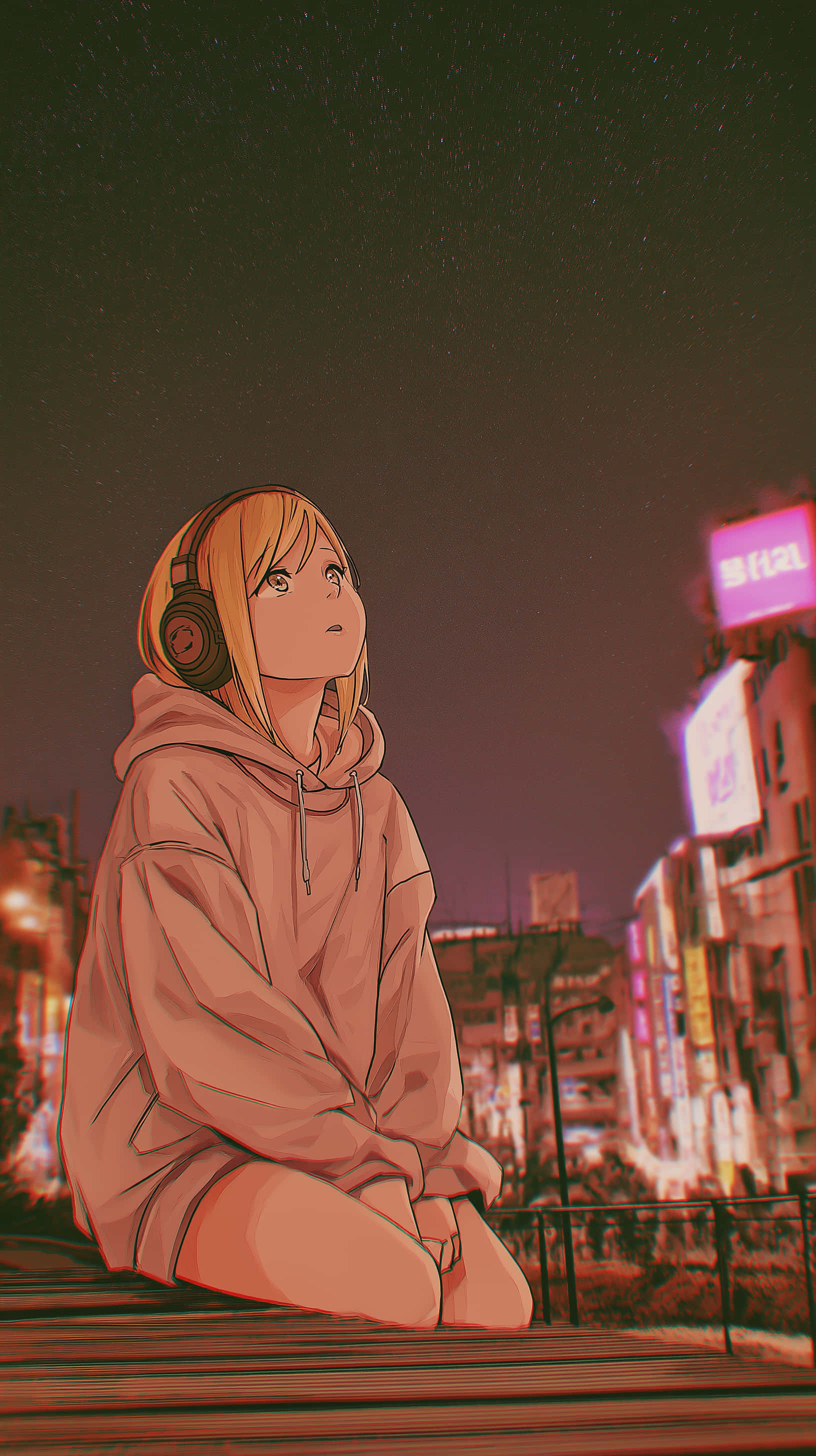 anime girl, pink hoodie, headphones, 2K Phone Wallpaper