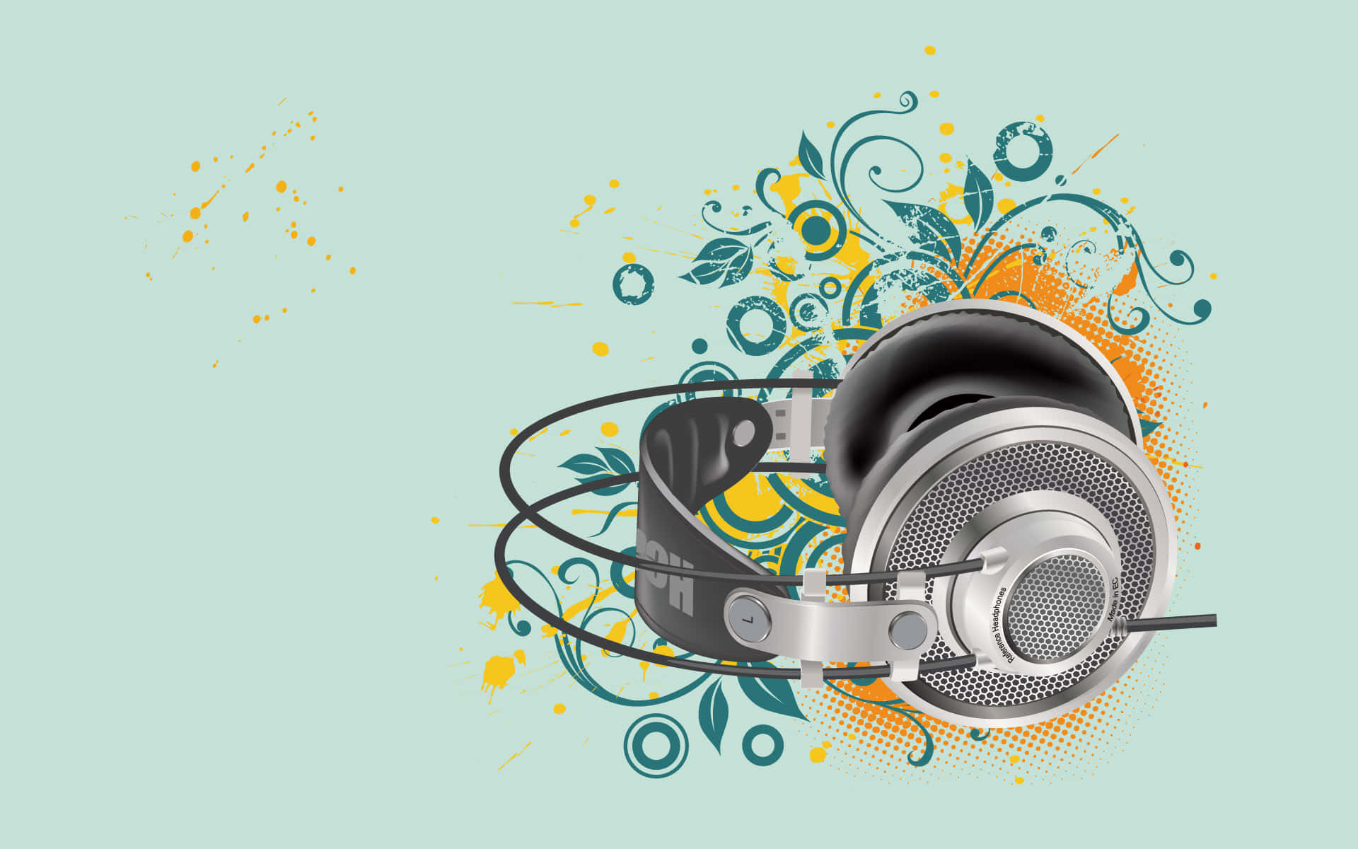 silver over-ear headphone, teal and yellow floral swirls, mint green background, Full HD Desktop Wallpaper