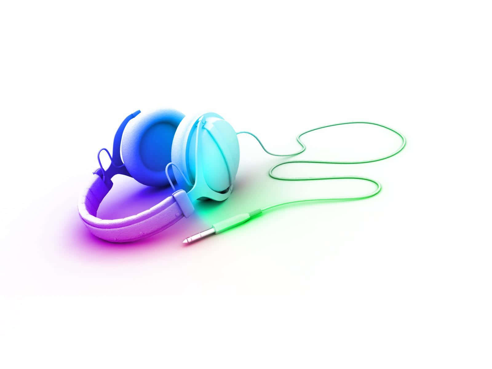 over-ear headphones, glowing purple and blue gradient earcups, neon green cable, HD Desktop Wallpaper