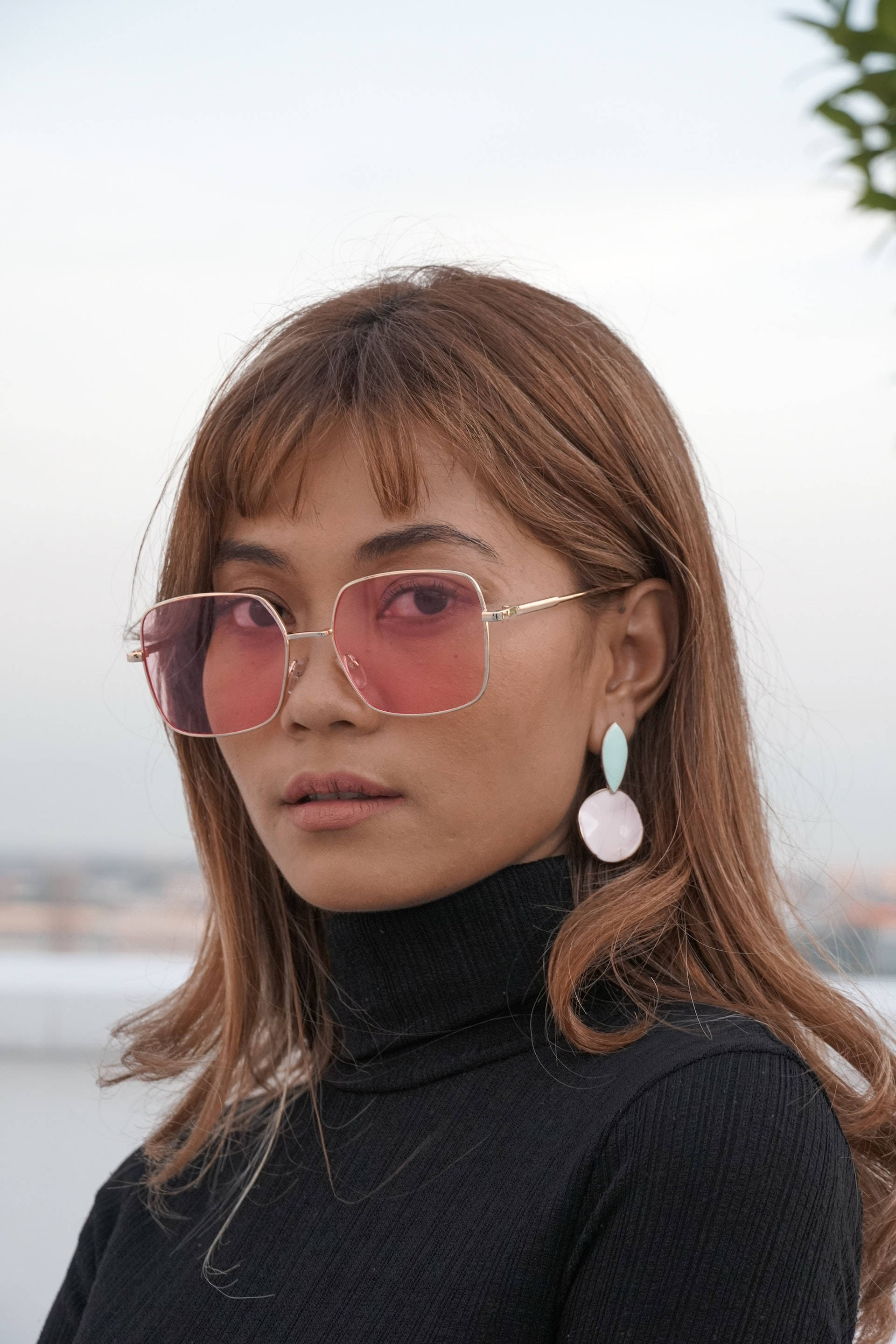 pink sunglasses, brown hair, black turtleneck, 2K Phone Wallpaper