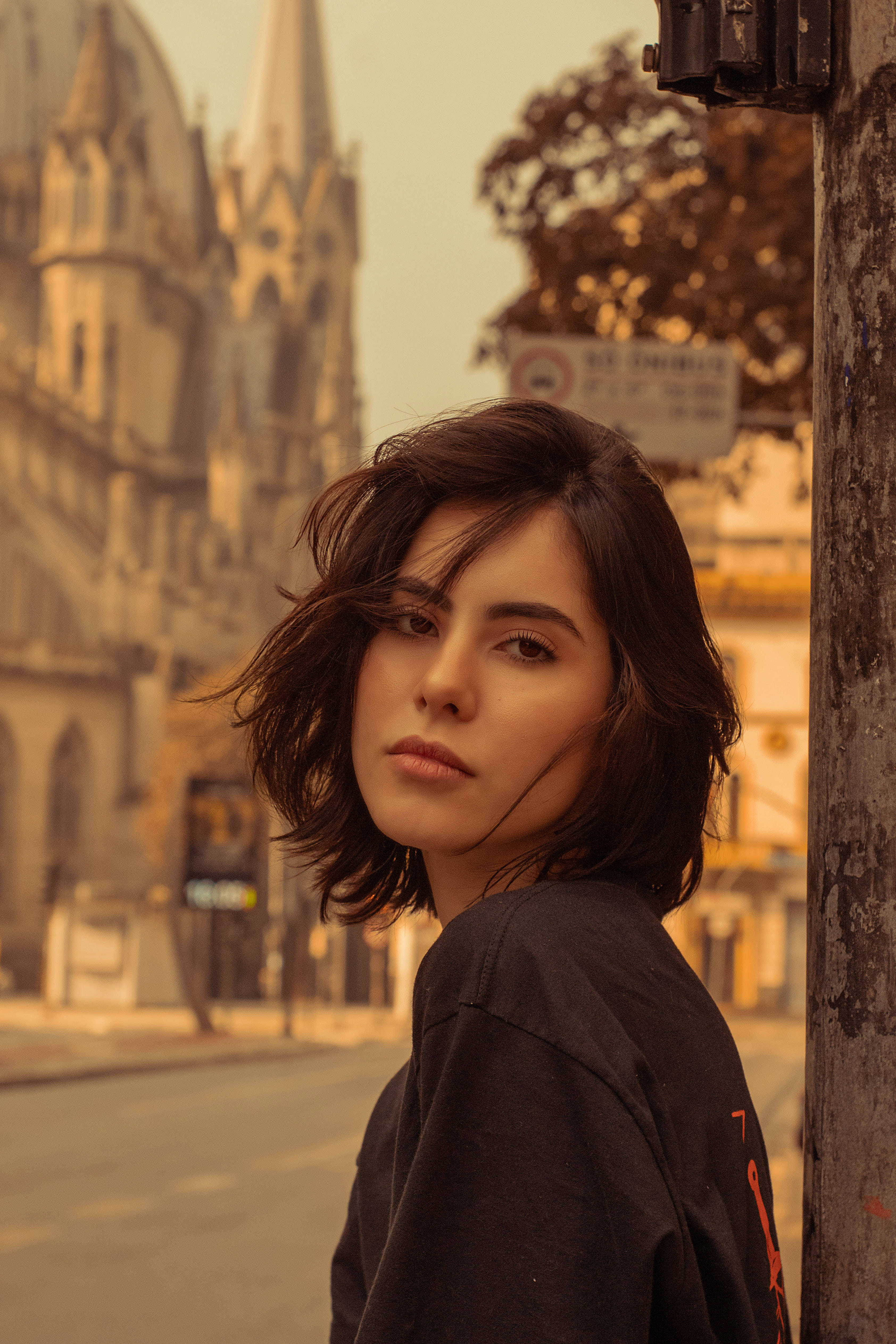 short hair, young woman, windswept dark hair, 4K Phone Wallpaper