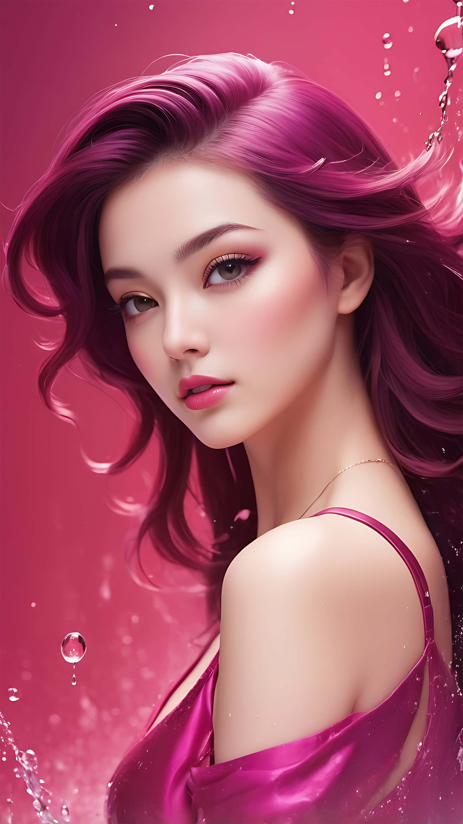 vibrant magenta hair, elegant pink dress, satin top, 2K Phone Wallpaper