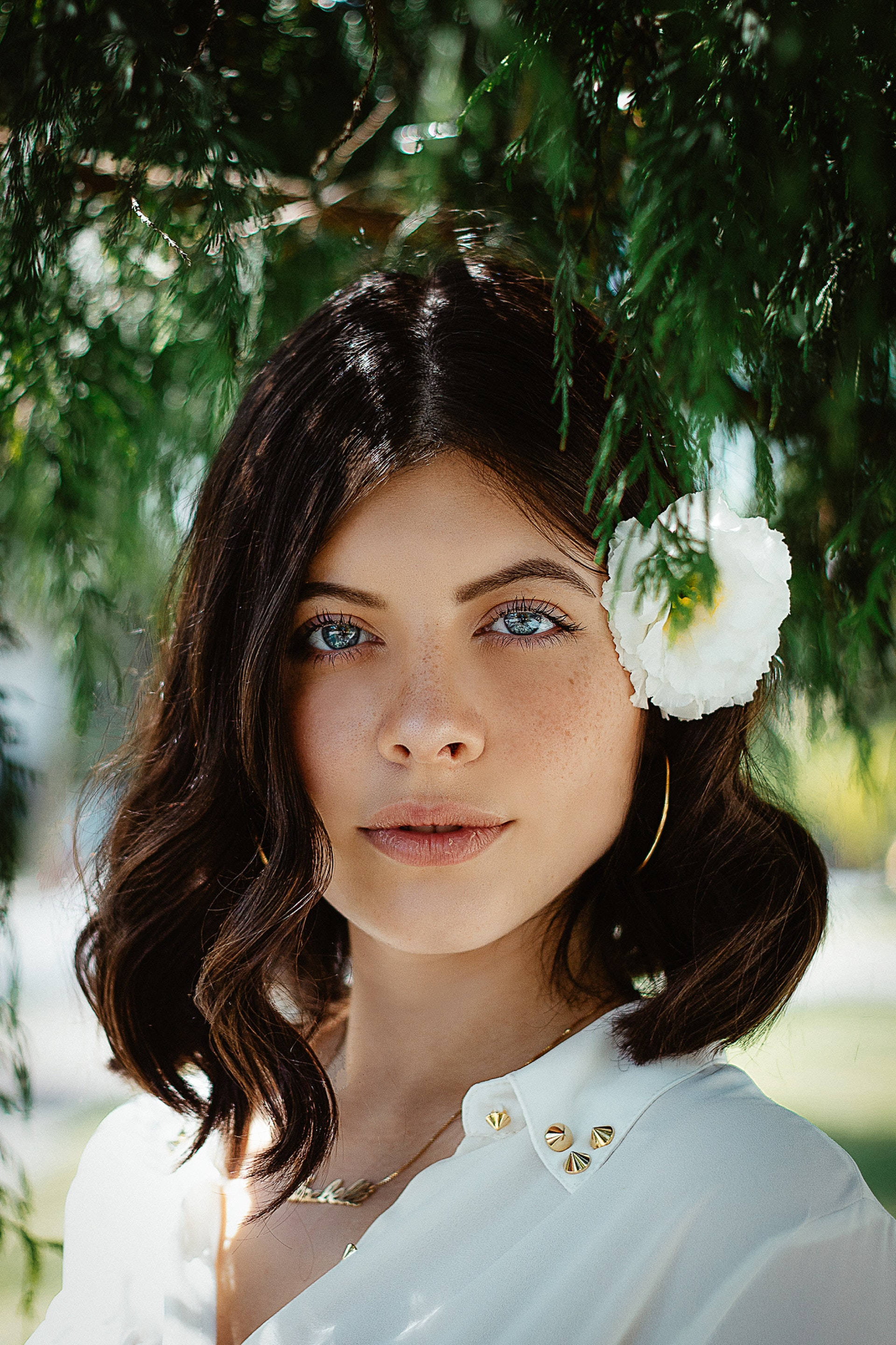 girl, flower on her ear, blue eyes, 2K Phone Wallpaper