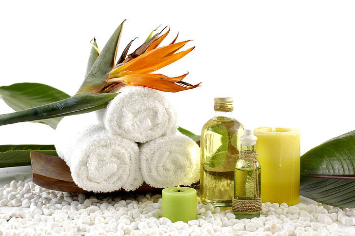 Ayurvedic Healing, white towels, tropical flowers, SD Desktop Wallpaper