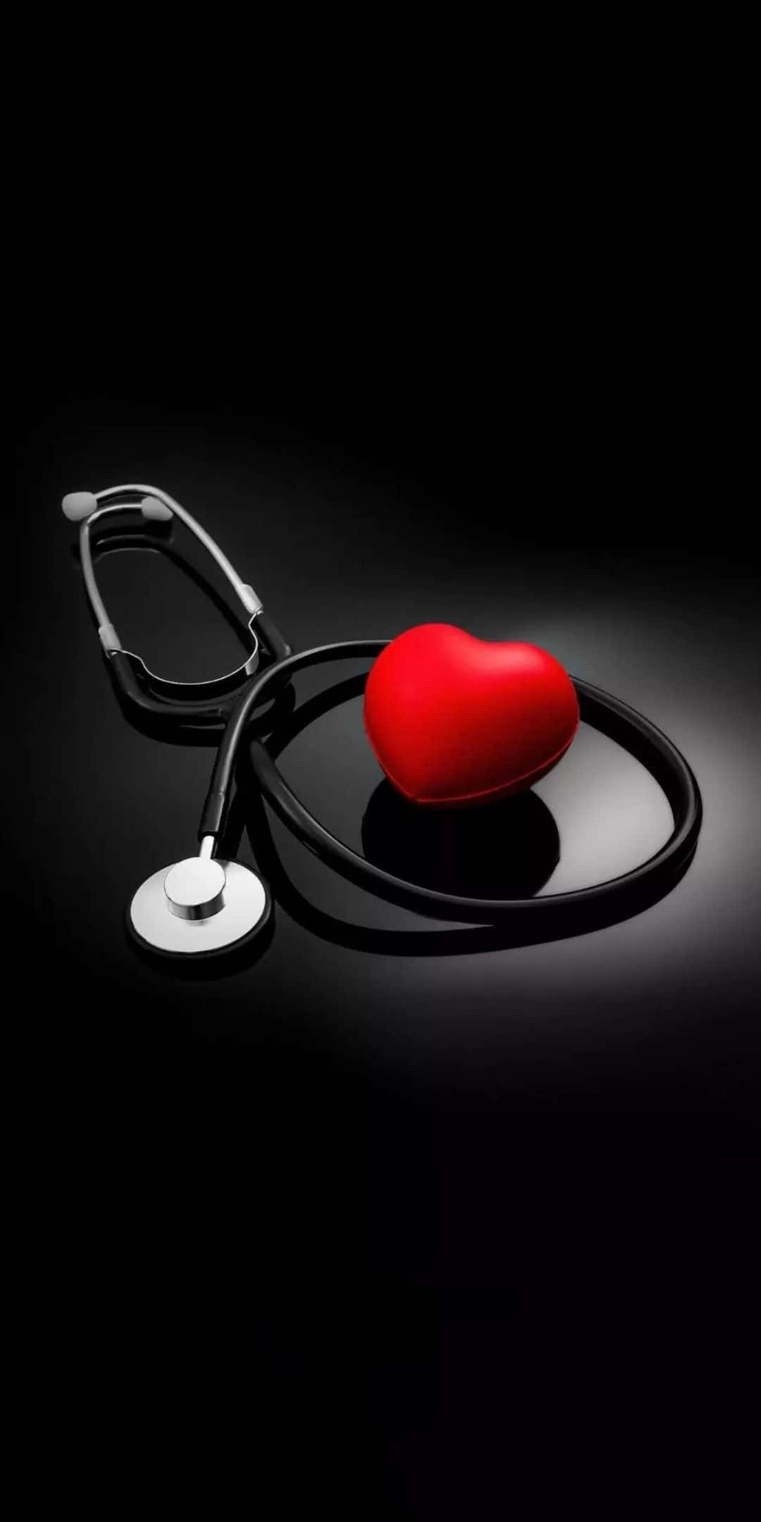 glossy red heart-shaped object, black stethoscope, reflective black surface, Full HD Phone Wallpaper