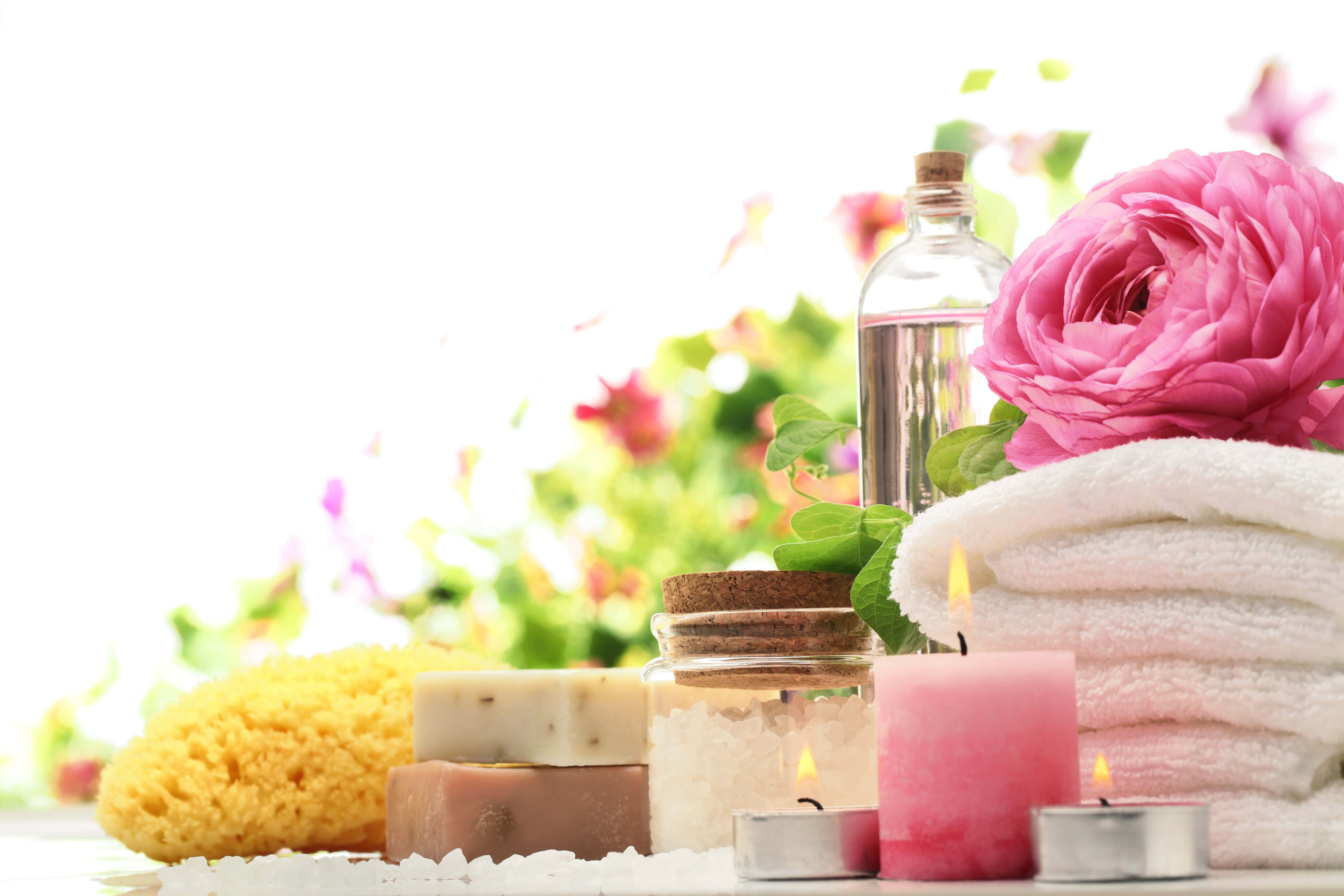 Health And Beauty, pink roses, lit candles, 5K Desktop Wallpaper