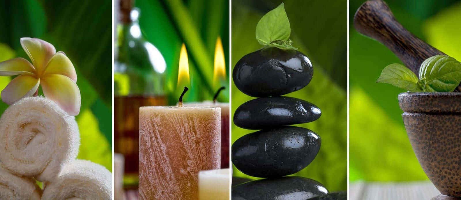 spa-themed panels, rolled towels, frangipani candle, HD Desktop Wallpaper