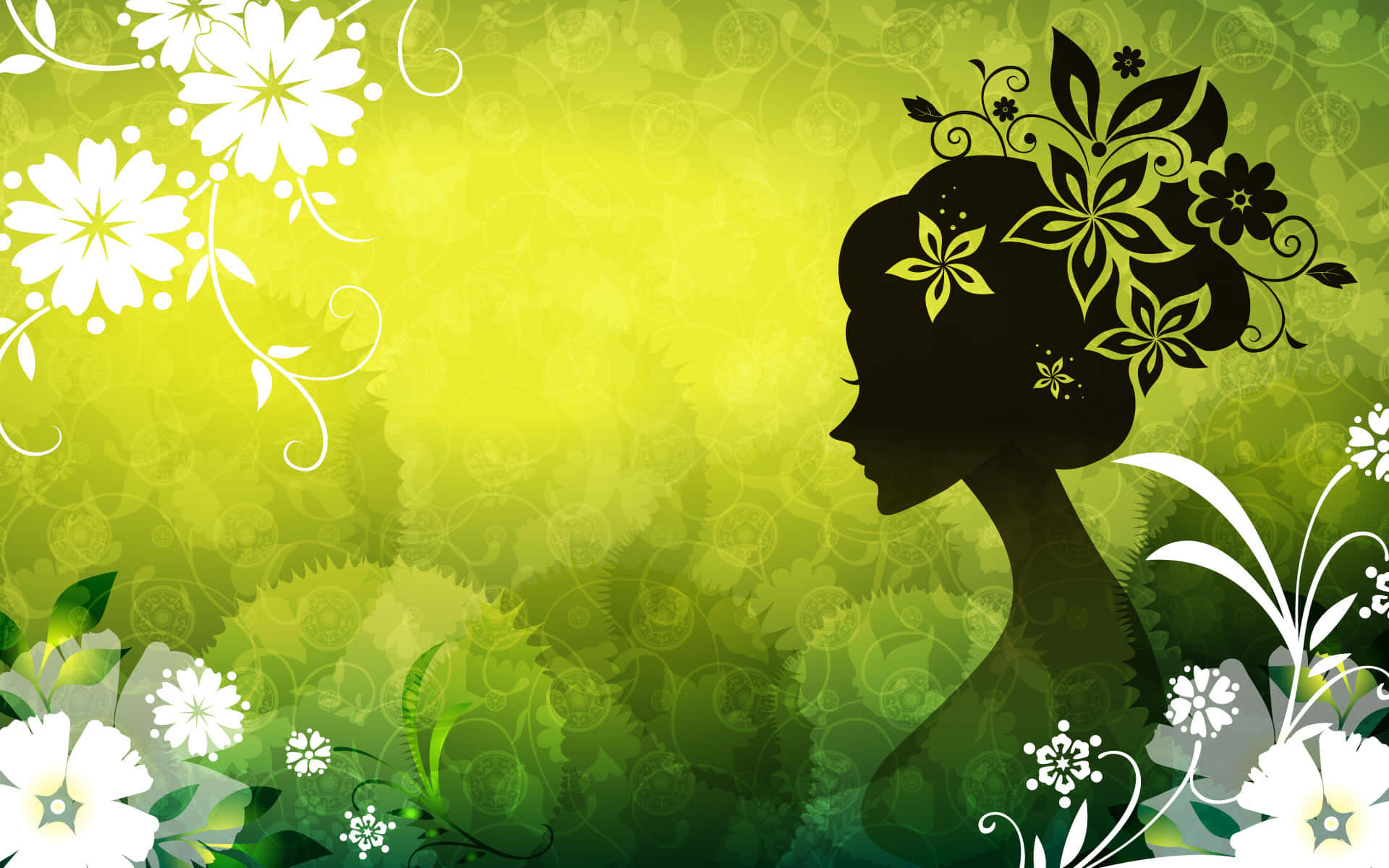 floral patterns, vibrant green gradient background, white blossoms, Full HD Desktop Wallpaper