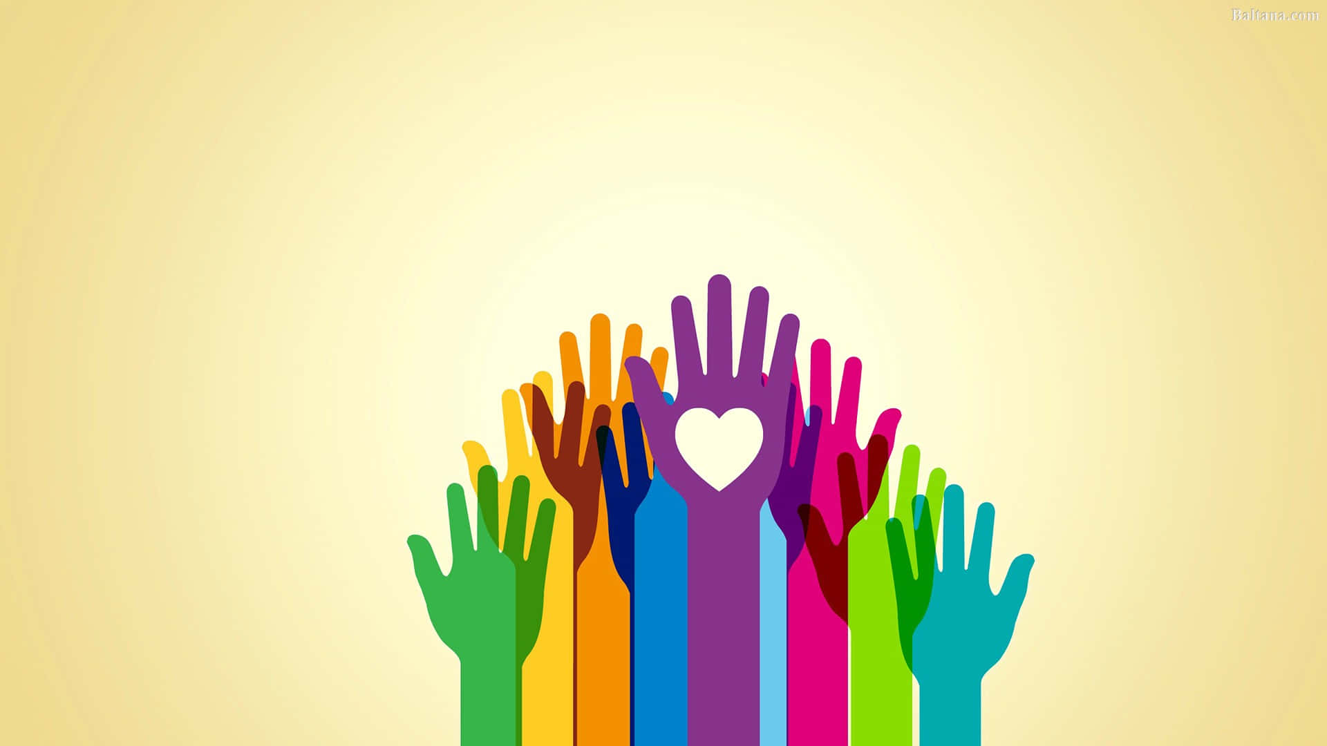 rainbow hands, white heart, soft yellow background, Full HD Desktop Wallpaper