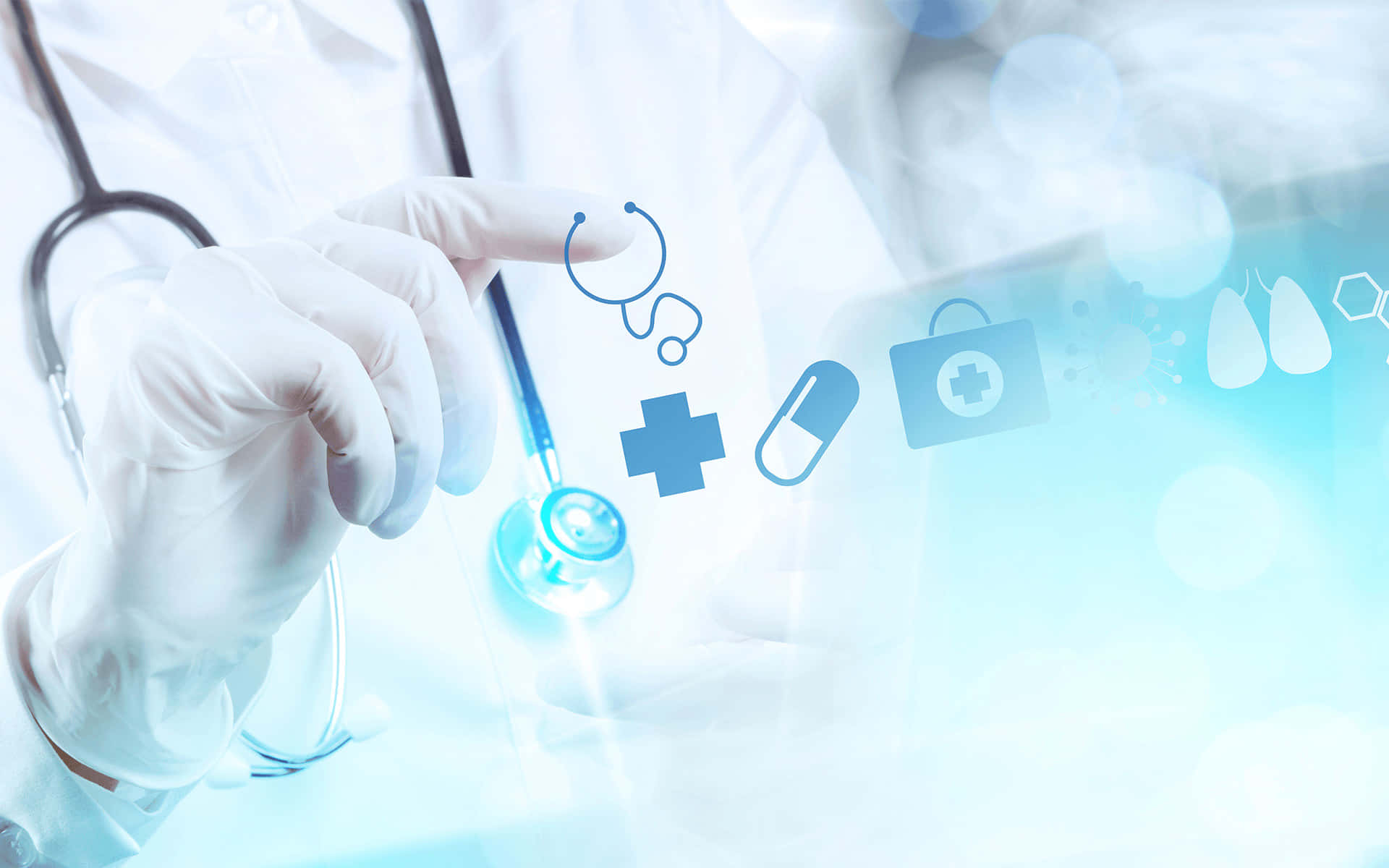 stethoscope, glowing blue medical icons, bright clinical setting, Full HD Desktop Wallpaper