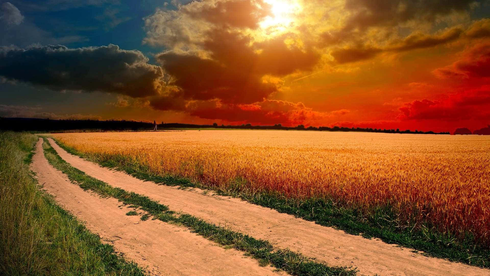 golden wheat field, dramatic sunset sky, fiery orange clouds, Full HD Desktop Wallpaper