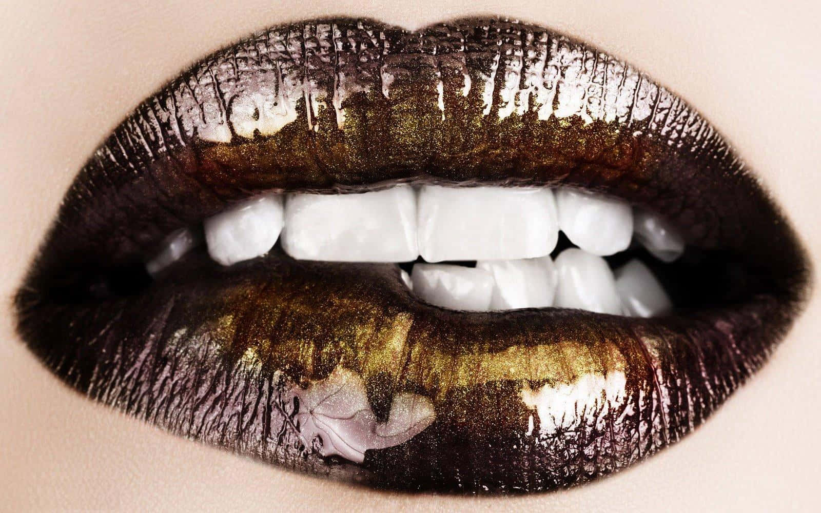 metallic gold, black lipstick, white teeth, HD Desktop Wallpaper