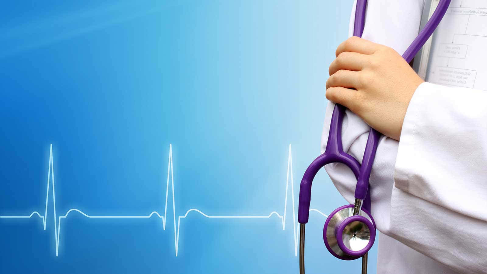 purple stethoscope, blue gradient background, glowing heartbeat line, HD Desktop Wallpaper
