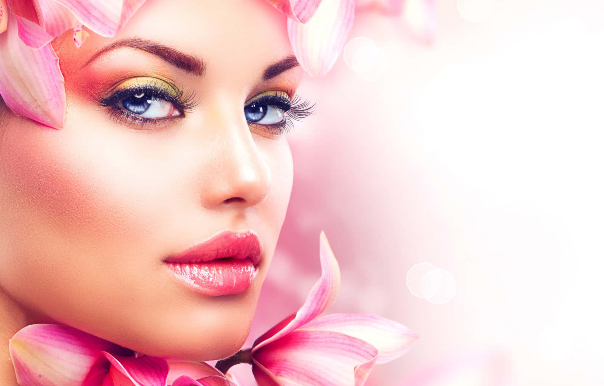 Health And Beauty, blue eyes, pink orchids, Full HD Desktop Wallpaper