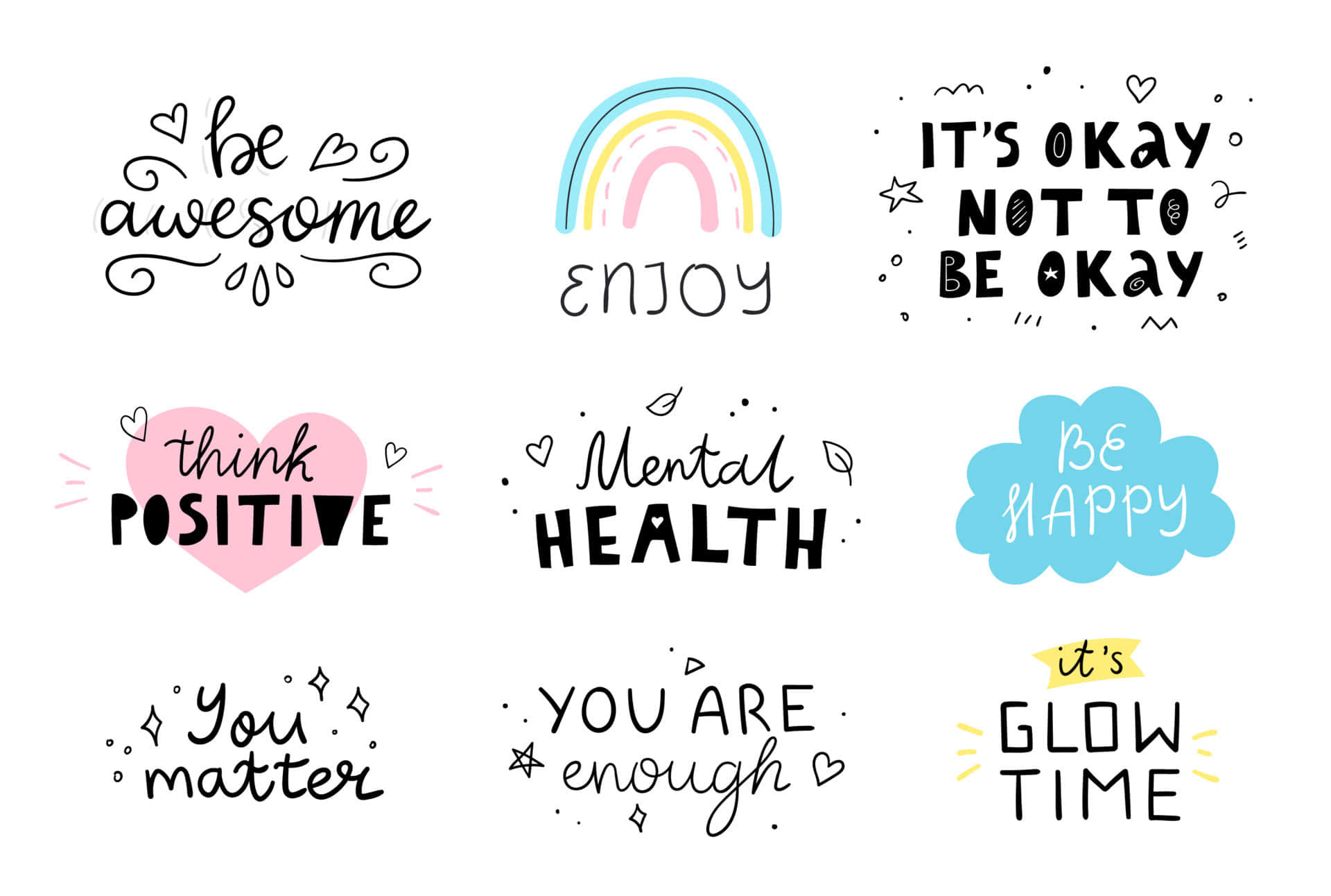 cheerful hand-drawn motivational phrases, be awesome, you are enough, Full HD Desktop Wallpaper