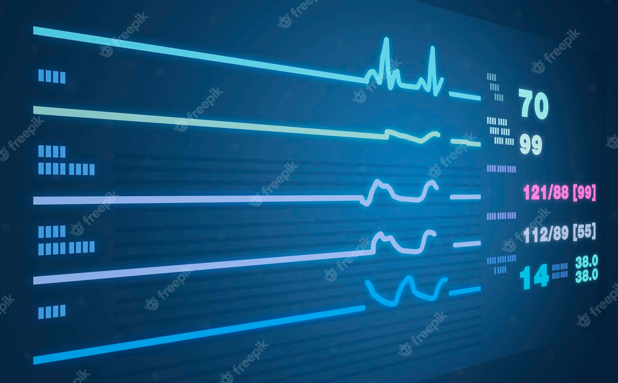glowing blue digital medical monitor, pulsing waveforms, numerical readouts, Full HD Desktop Wallpaper