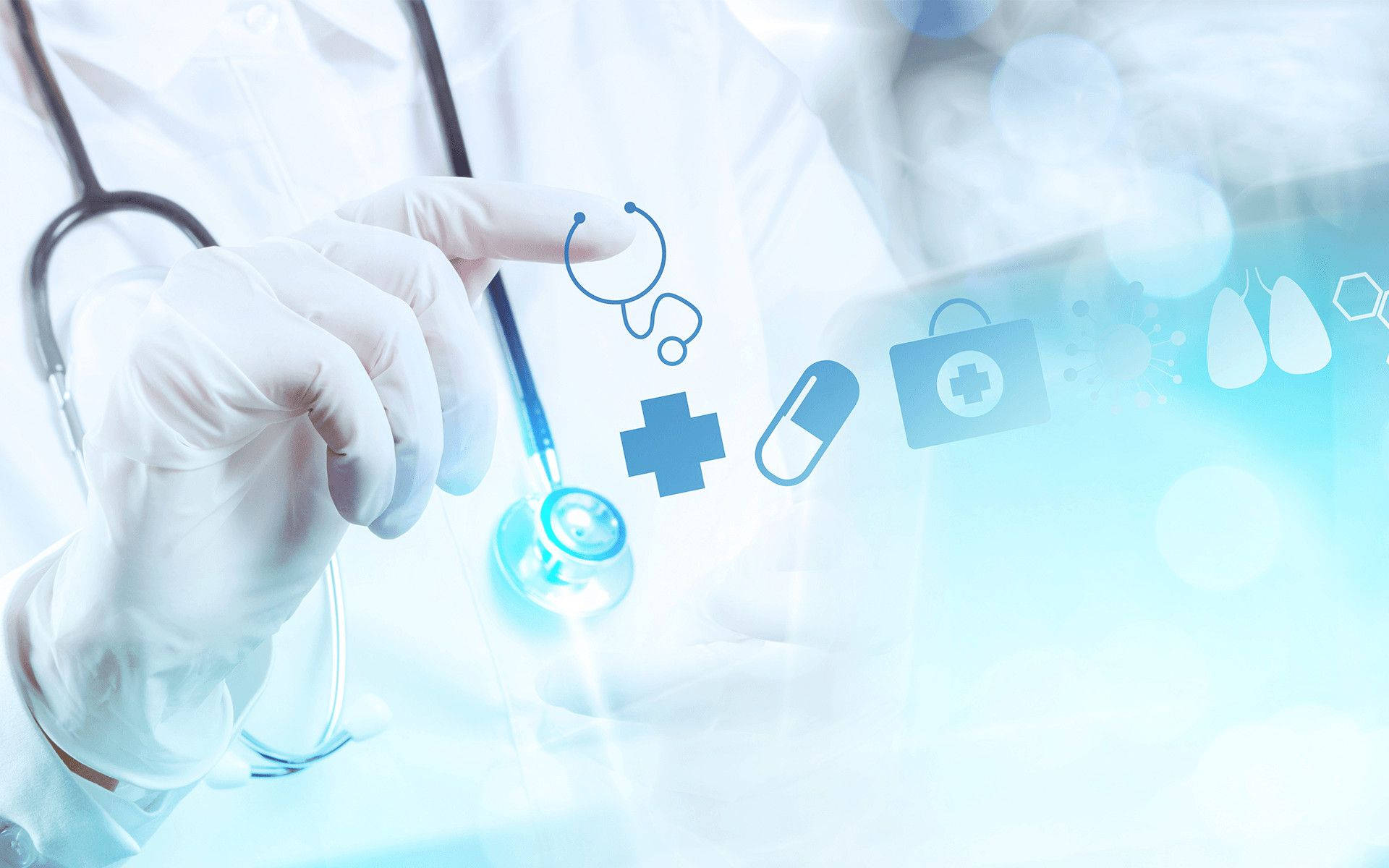 stethoscope, glowing blue medical icons, white gloves, Full HD Desktop Wallpaper