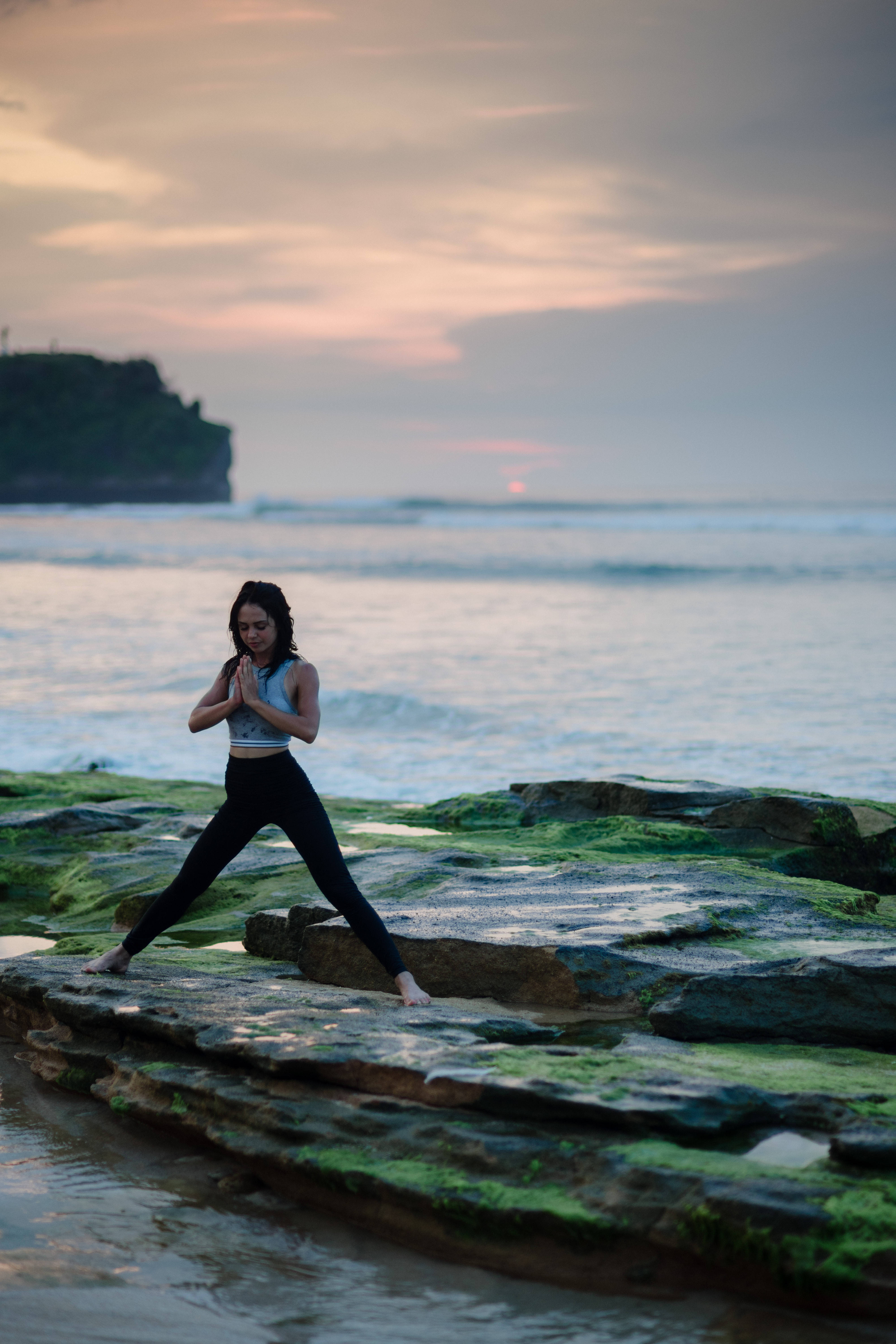 yoga, beach, mossy rocks, 5K Phone Wallpaper