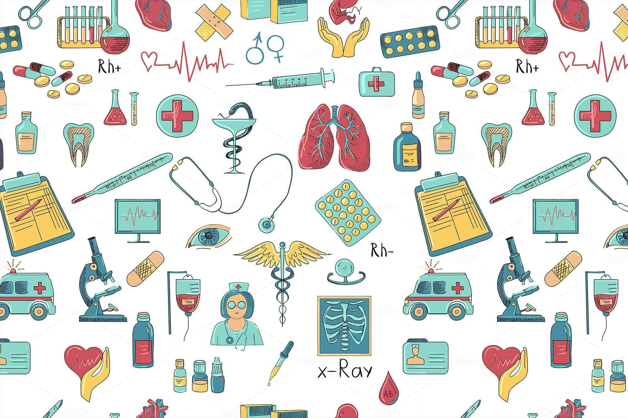 medical icons, stethoscopes, pills, Full HD Desktop Wallpaper