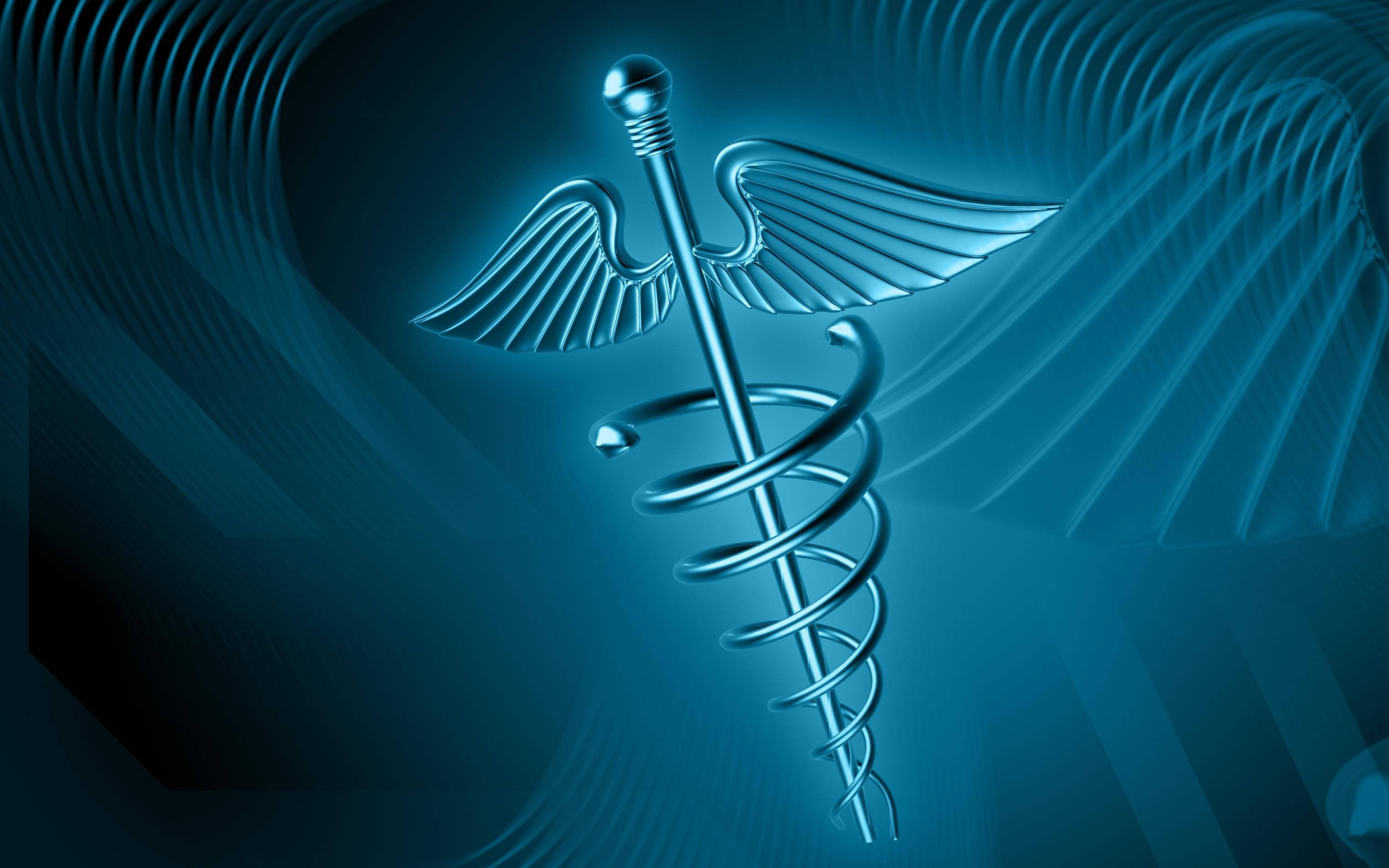 glowing blue caduceus symbol, wings, coiled staff, 2K Desktop Wallpaper