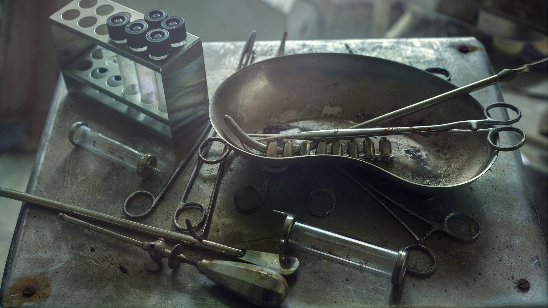 metal tray, rusted surgical tools, test tubes, Full HD Desktop Wallpaper