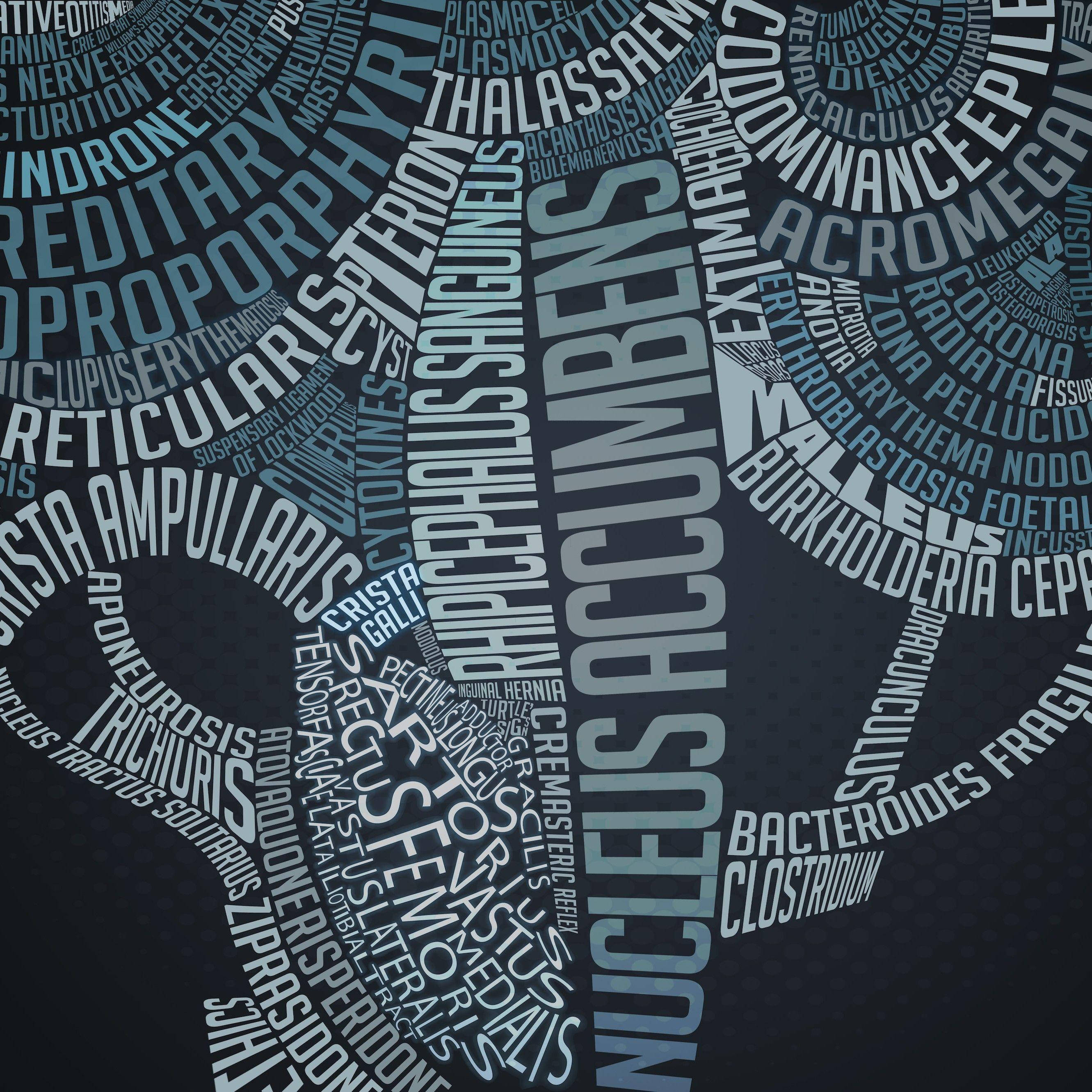 brain silhouette, medical terms, dark blue background, 2K Desktop Wallpaper