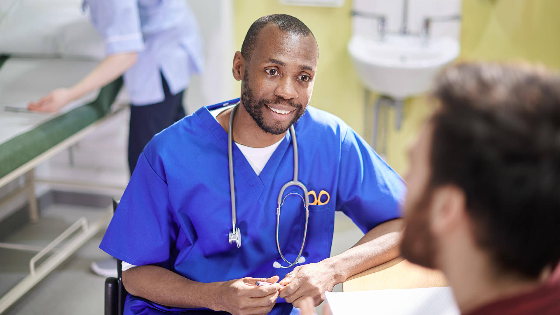 male nurse, blue scrubs, stethoscope, Full HD Desktop Wallpaper