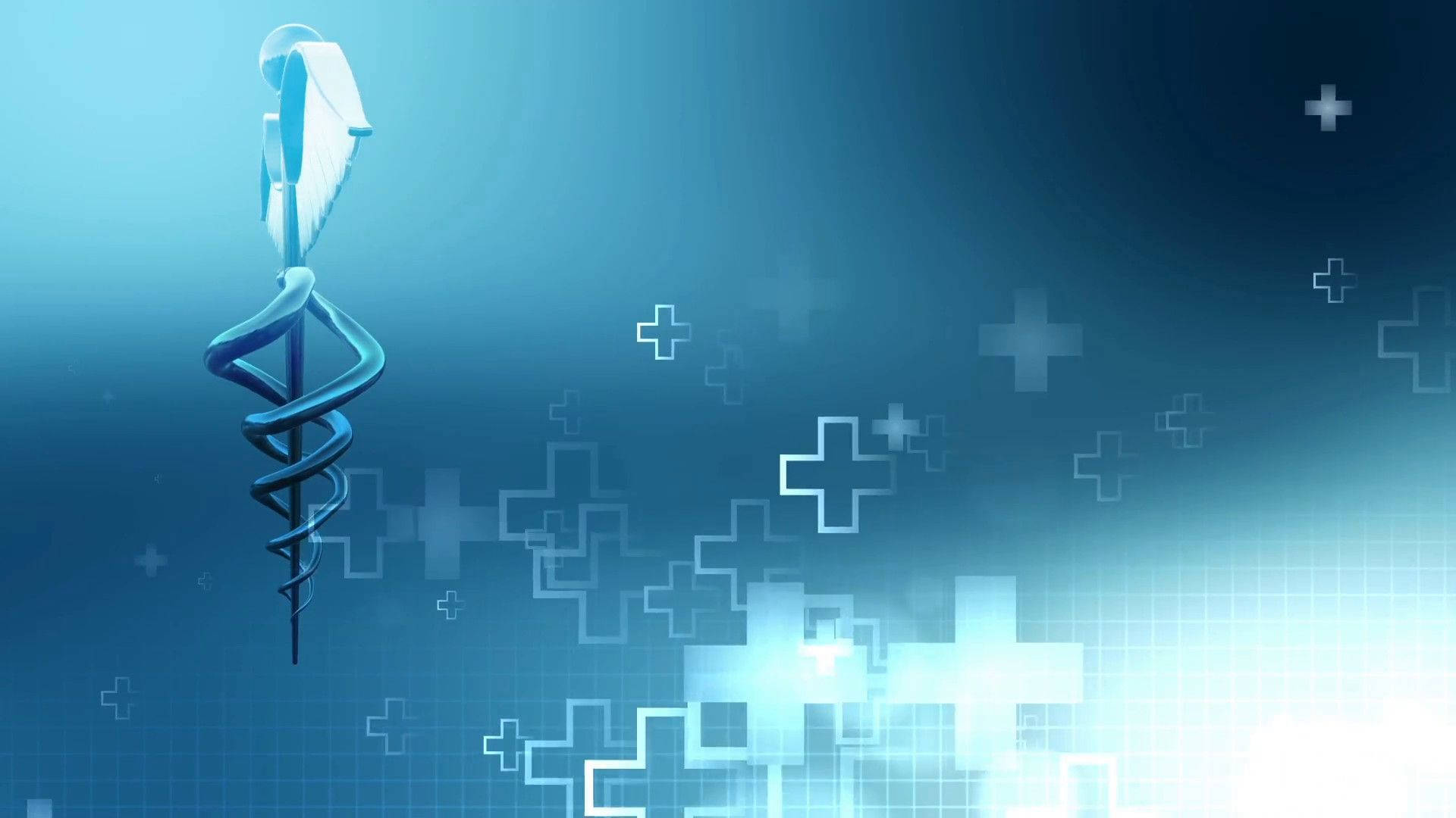 glowing blue medical caduceus symbol, gradient digital background, floating cross icons, Full HD Desktop Wallpaper