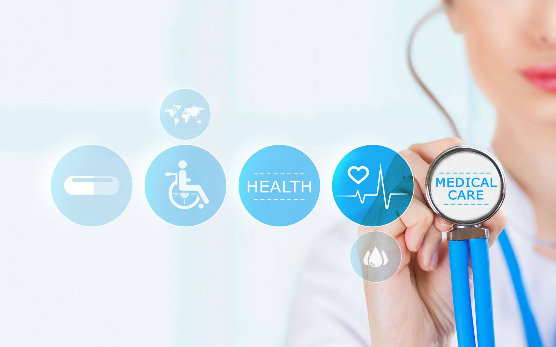 stethoscope, medical icons, soft blue background, Full HD Desktop Wallpaper