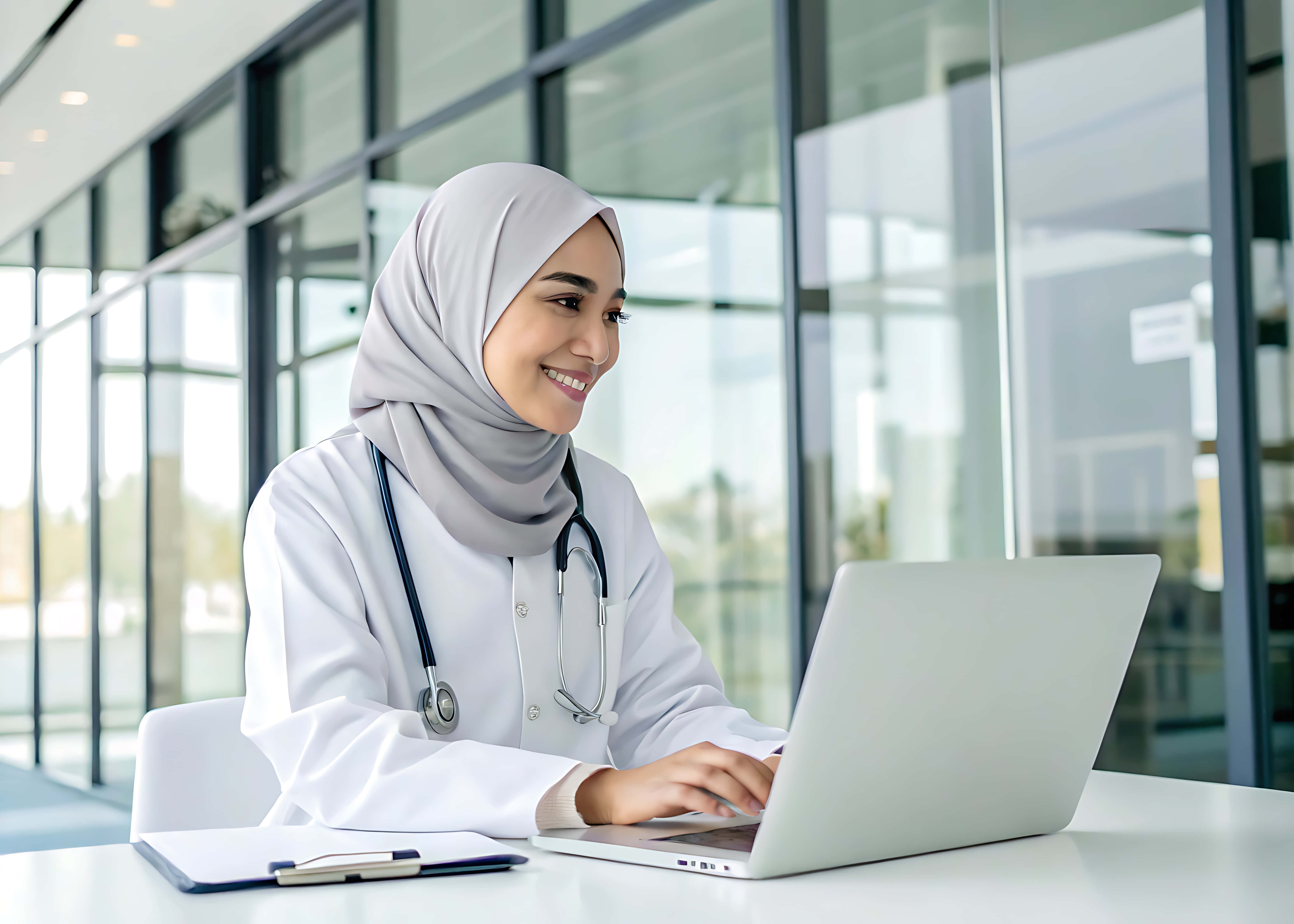 female doctor, white coat, light gray hijab, 5K Desktop Wallpaper