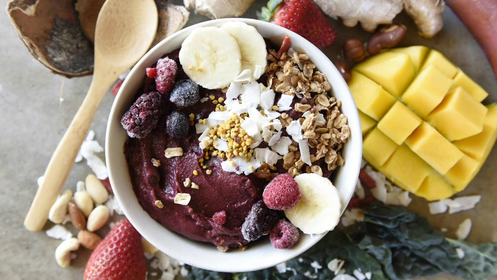 Acai Berry Fruit Balance Bowl, vibrant purple smoothie bowl, banana slices, HD Desktop Wallpaper