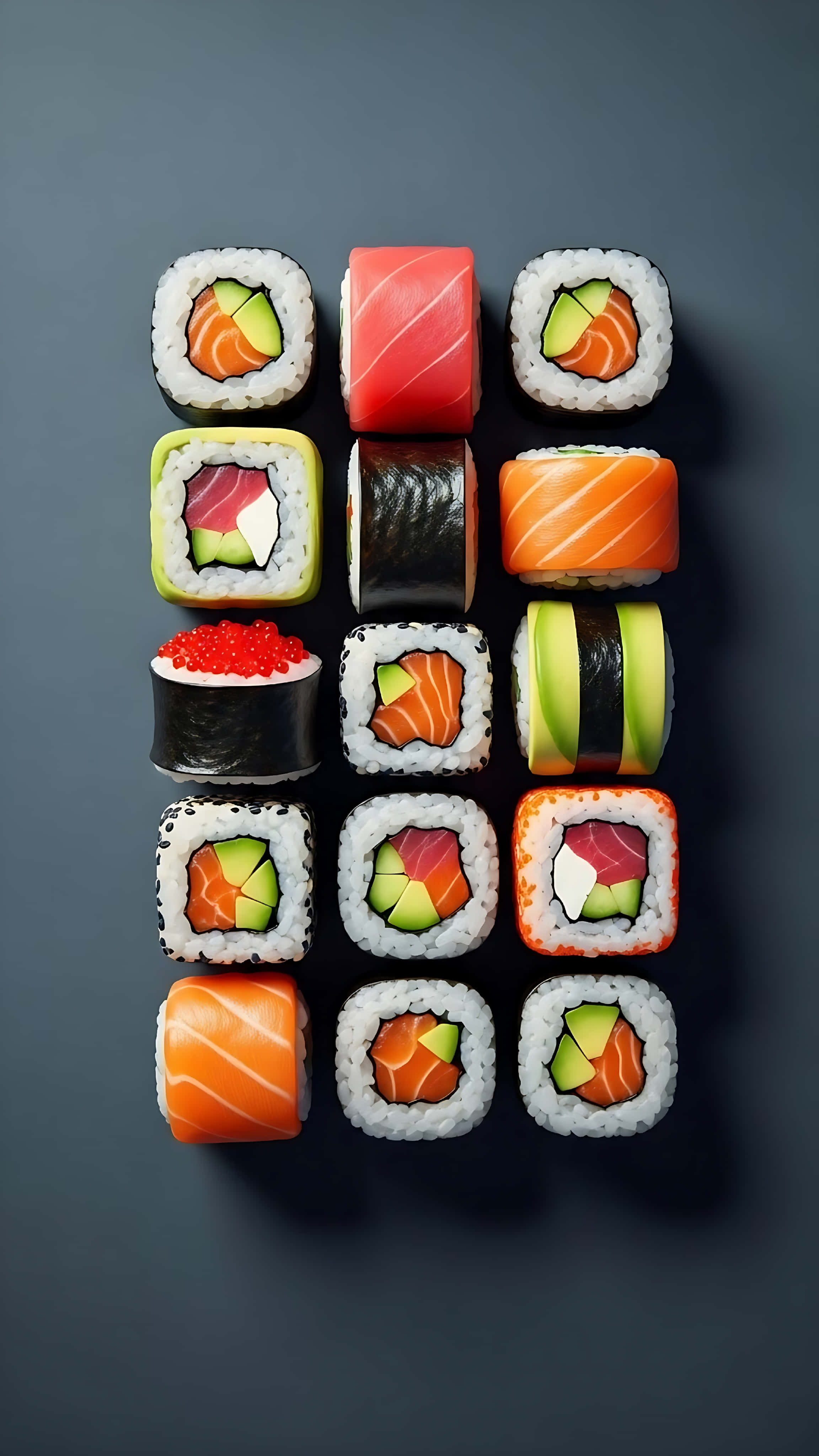 artistic japanese sushi rolls collection, dark gray surface, top-down view, 4K Phone Wallpaper
