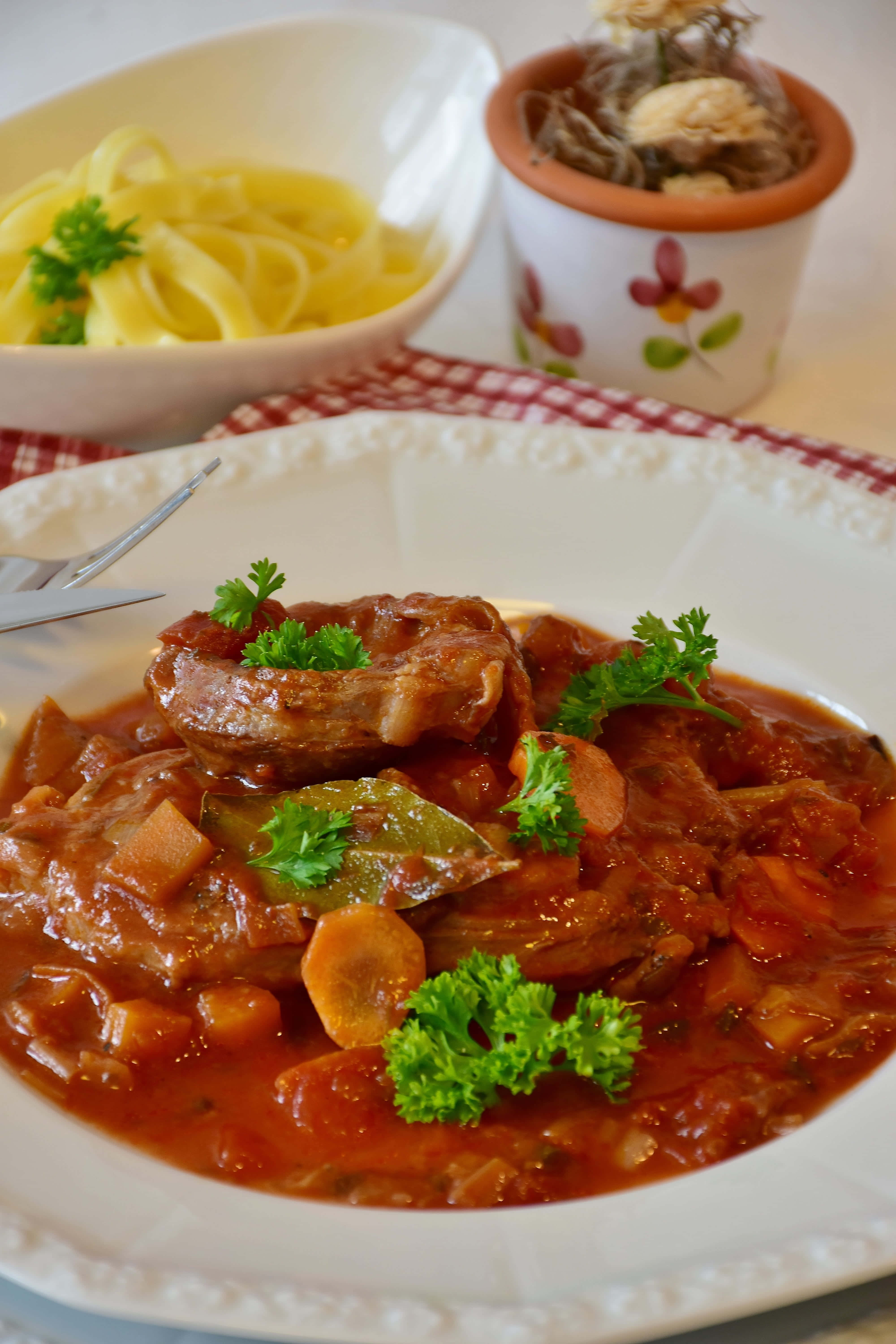 hearty beef stew, pasta side dish, white bowl, 5K Phone Wallpaper