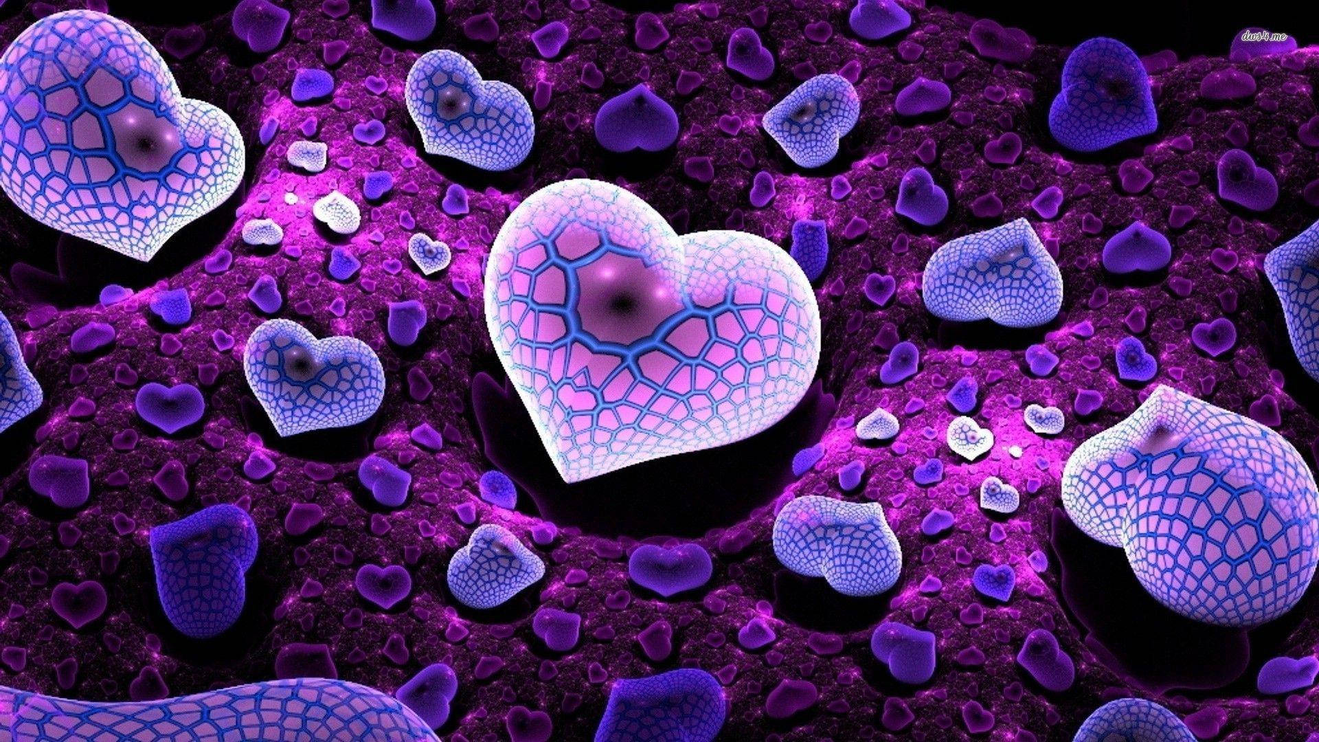 purple heart, hexagonal shape, glowing heart-shaped cells, Full HD Desktop Wallpaper
